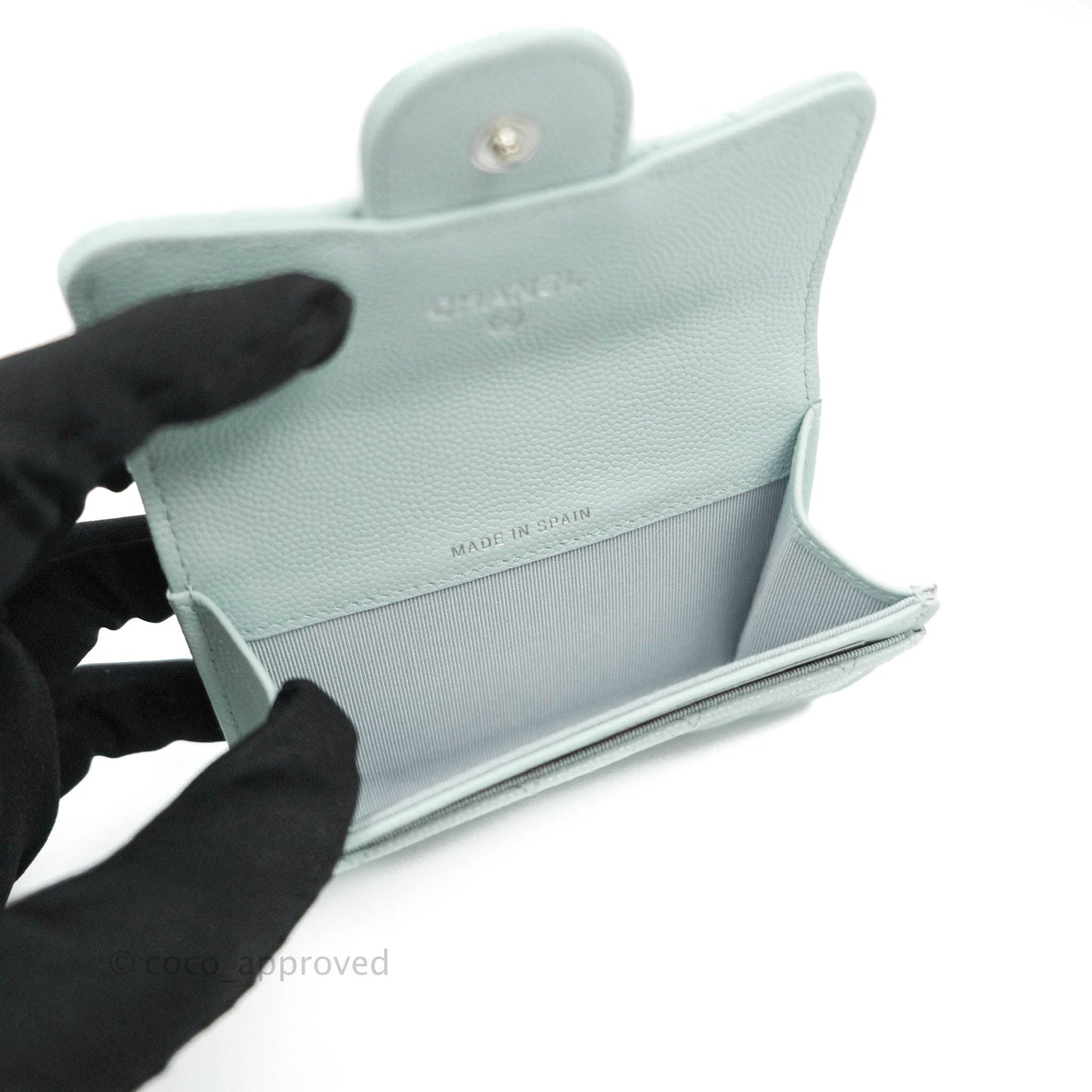 Chanel Quilted Classic Flap Card Holder Pale Mint Caviar Silver Hardware