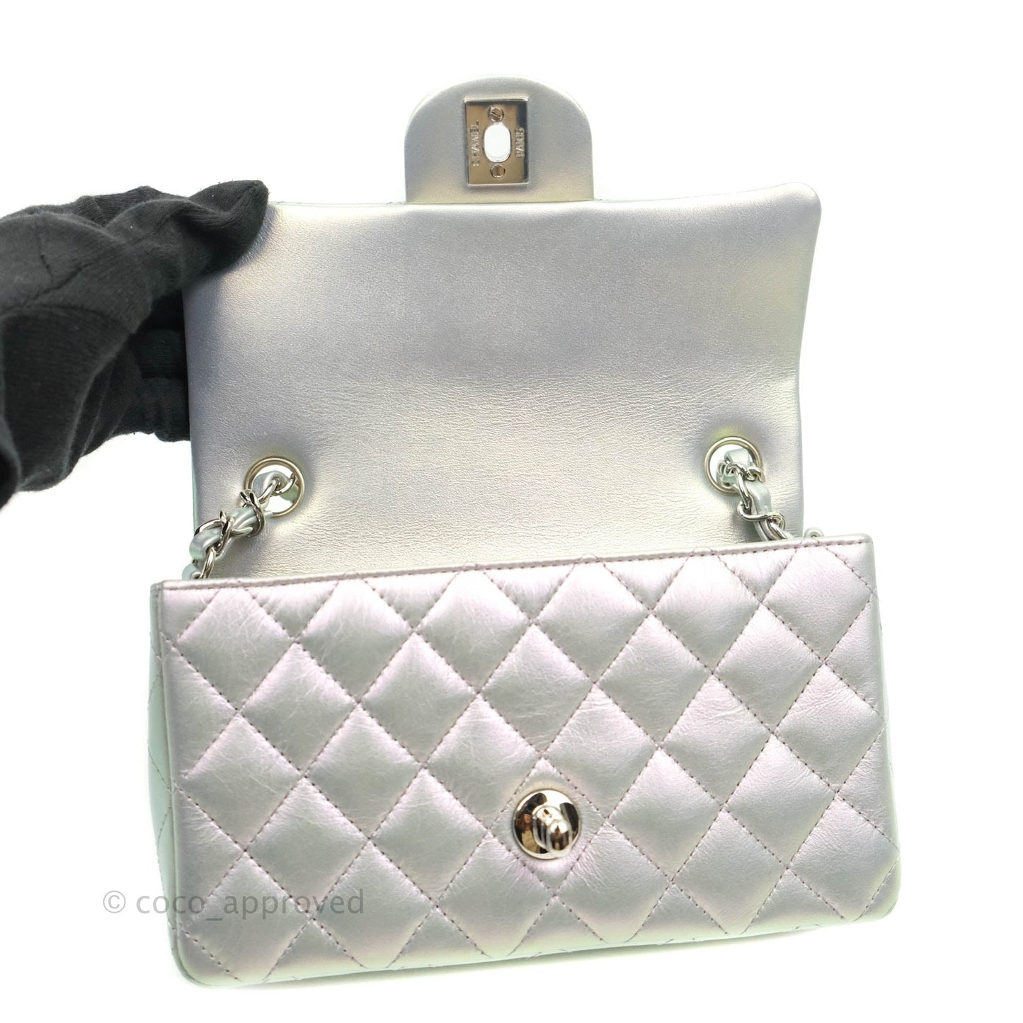 Chanel Quilted Mini Rectangular Iridescent White Lilac Calfskin Silver Hardware