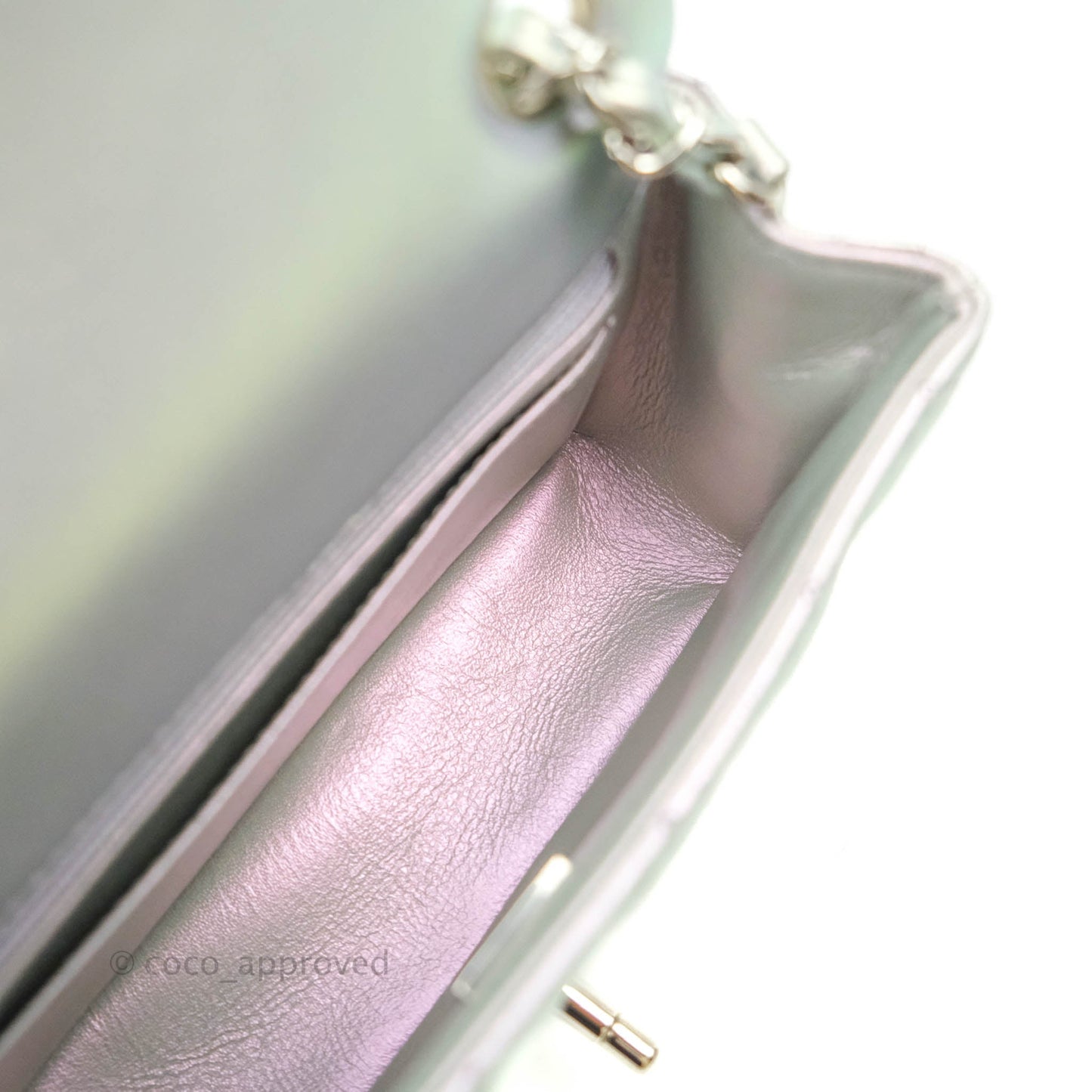 Chanel Quilted Mini Rectangular Iridescent White Lilac Calfskin Silver Hardware