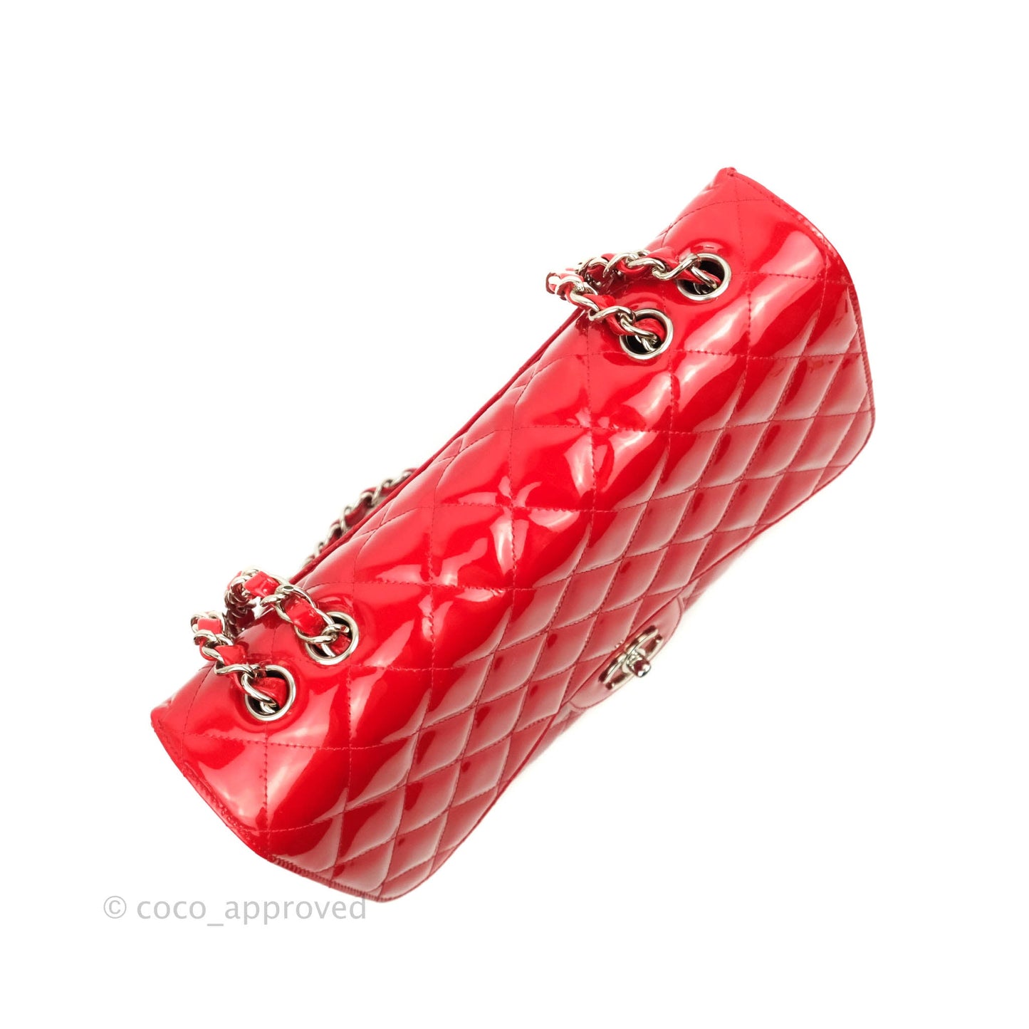 Chanel Quilted Jumbo Red Patent Silver Hardware 10C