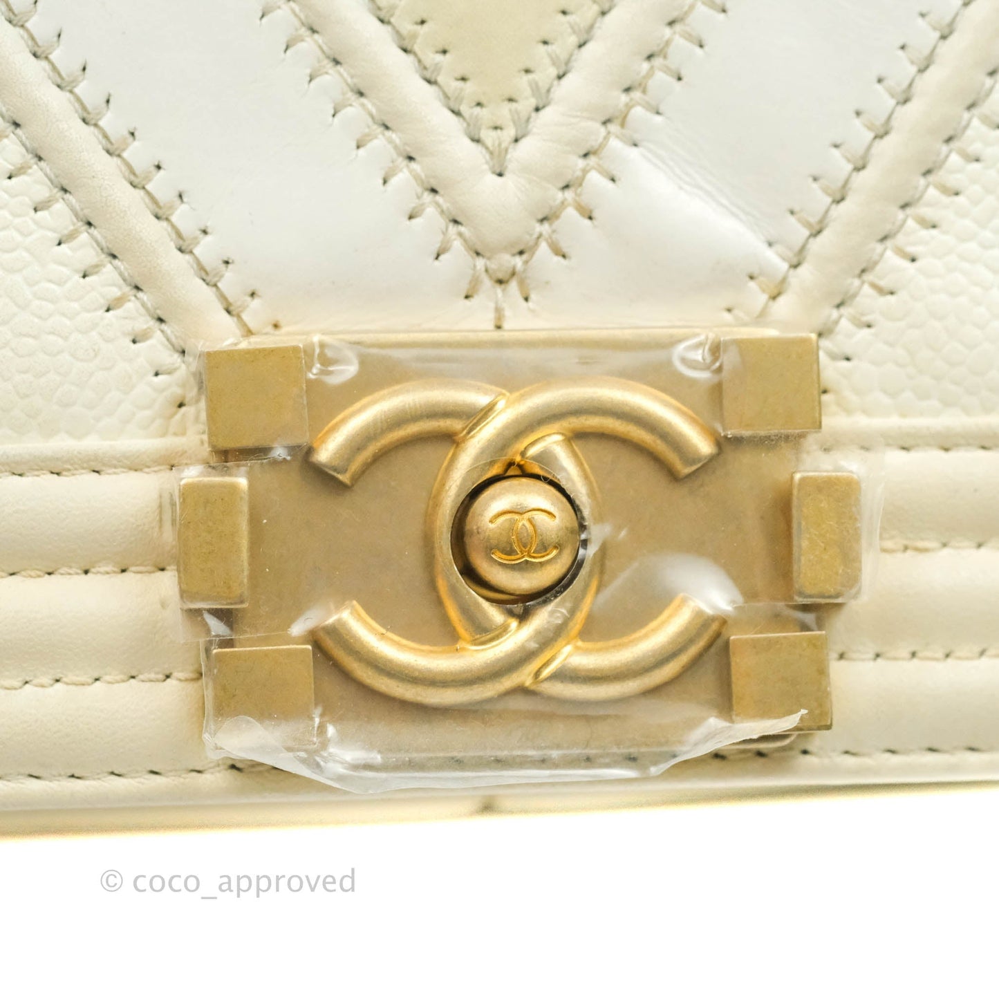 Chanel Medium Chevron Boy Light Beige Calfskin Caviar Aged Gold Hardware