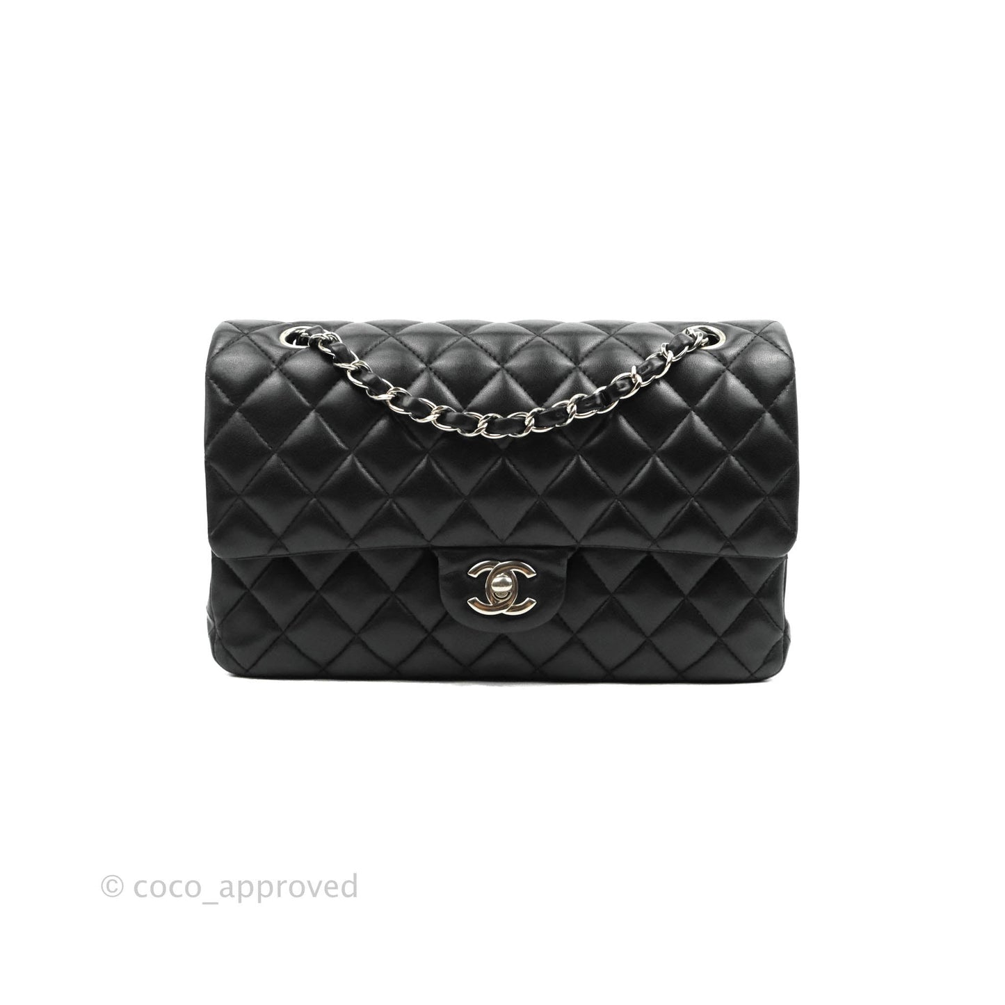 Chanel Classic M/L Medium Double Flap Black Lambskin Silver Hardware