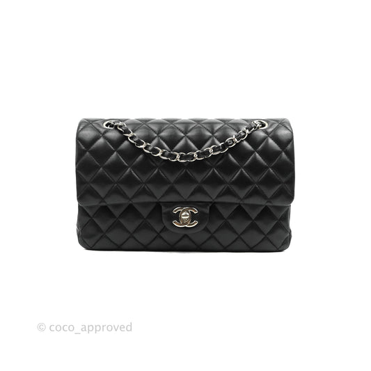 Chanel Classic M/L Medium Double Flap Black Lambskin Silver Hardware