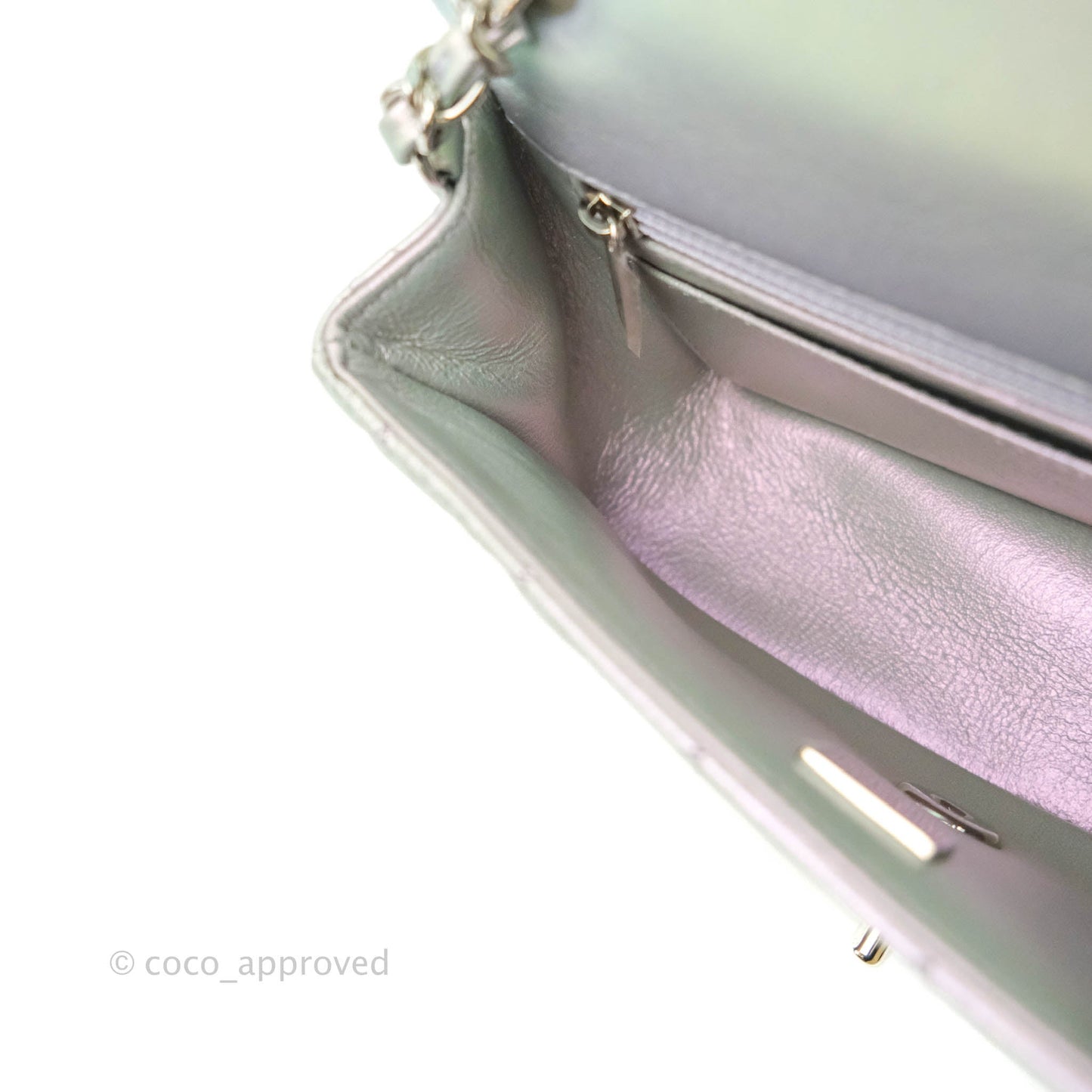 Chanel Quilted Mini Rectangular Iridescent White Lilac Calfskin Silver Hardware