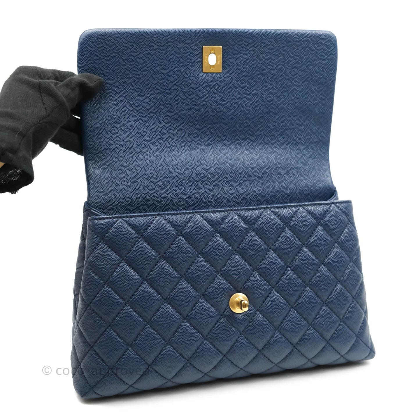 Chanel Medium (Small) Coco Handle Quilted Navy Caviar Lizard Handle Gold Hardware