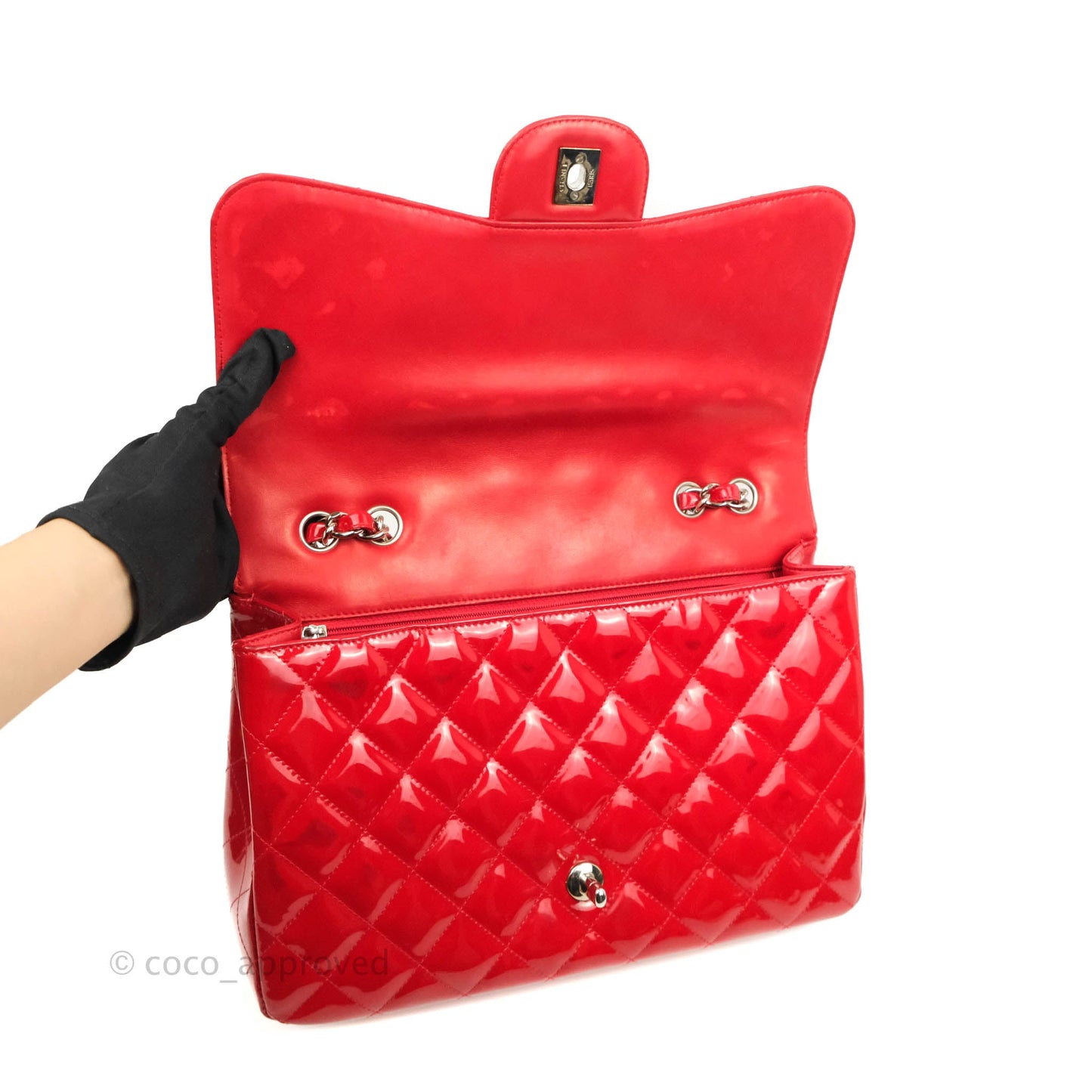 Chanel Quilted Jumbo Red Patent Silver Hardware 10C