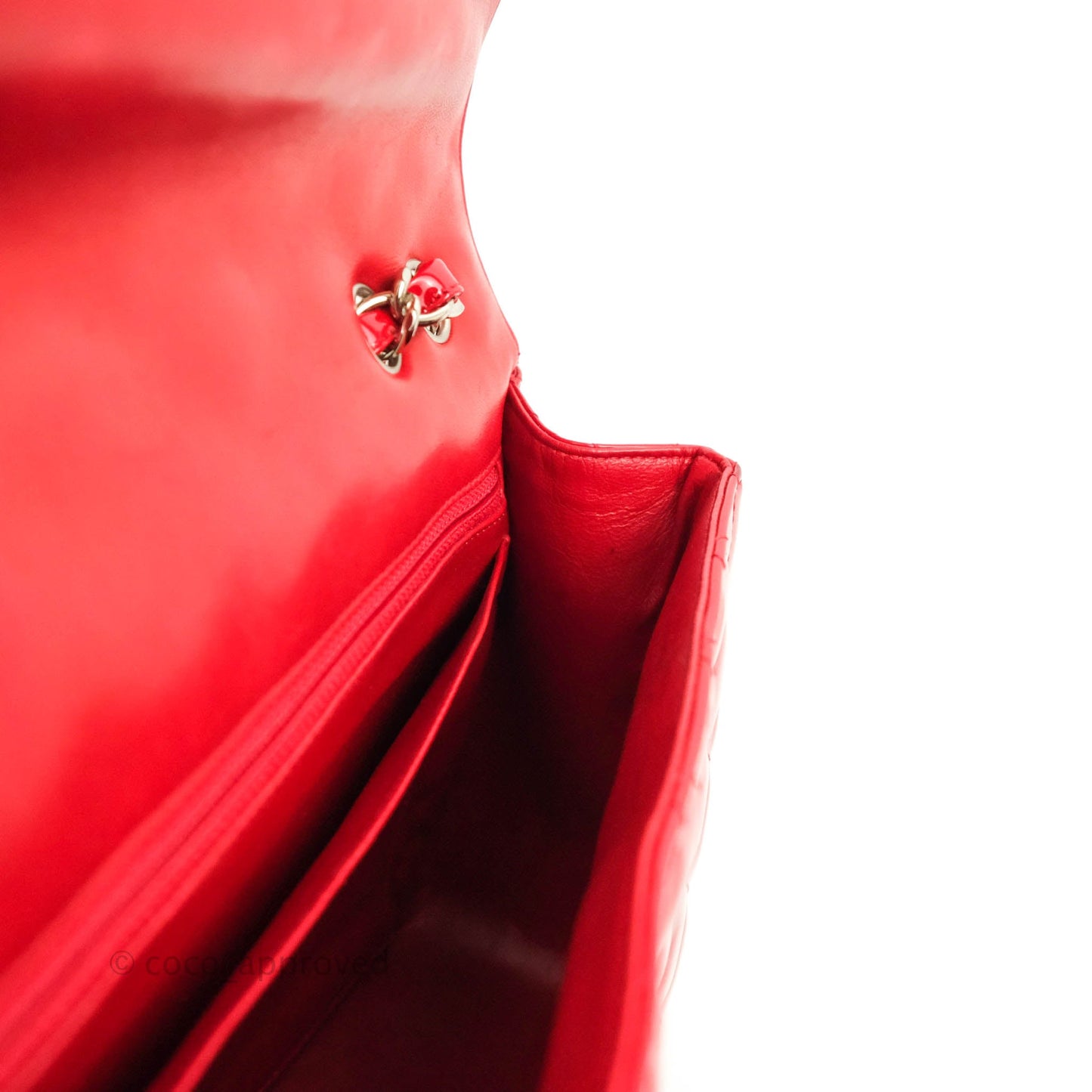 Chanel Quilted Jumbo Red Patent Silver Hardware 10C