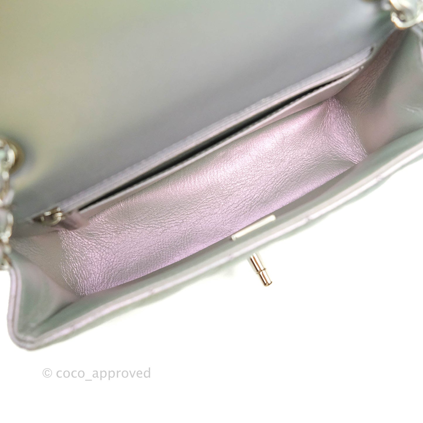 Chanel Quilted Mini Rectangular Iridescent White Lilac Calfskin Silver Hardware
