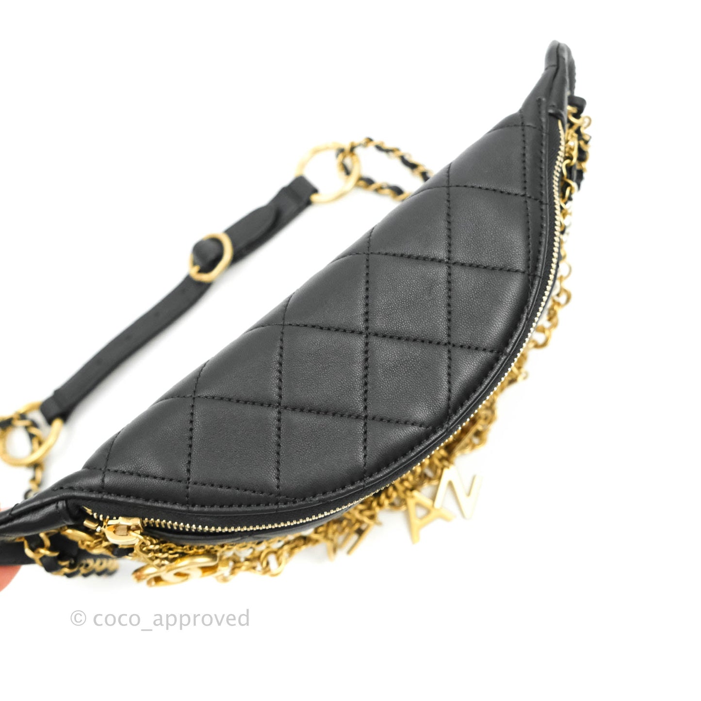 Chanel Quilted All About Chains Waist Belt Bag Black Lambskin Aged Gold Hardware