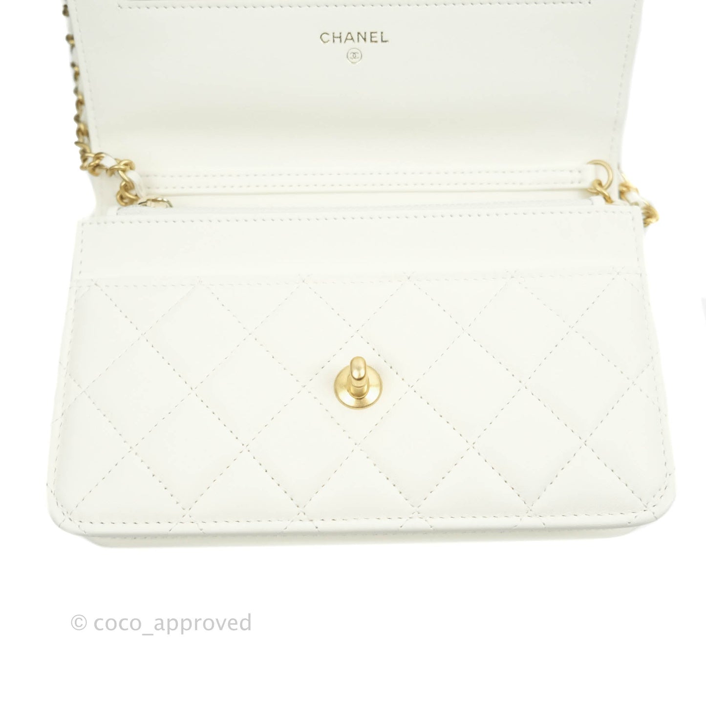 Chanel Quilted Pearl Crush Wallet on Chain WOC White Lambskin Aged Gold Hardware
