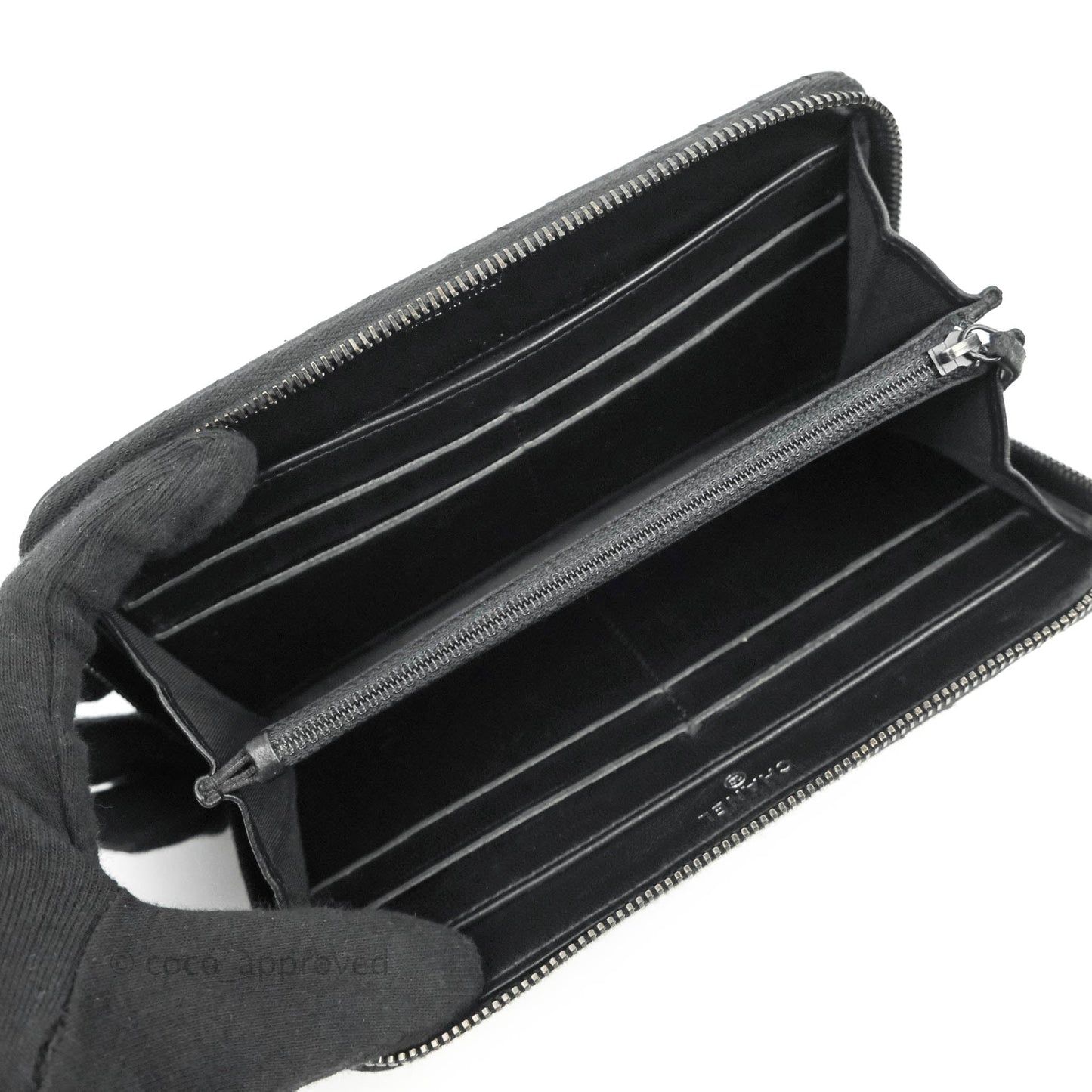 Chanel Chevron Zipped Around Long Wallet All Black Lambskin