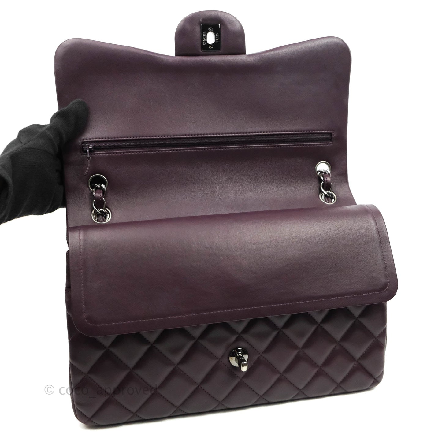 Chanel Quilted Jumbo Double Flap Plum Lambskin Gun Metal
