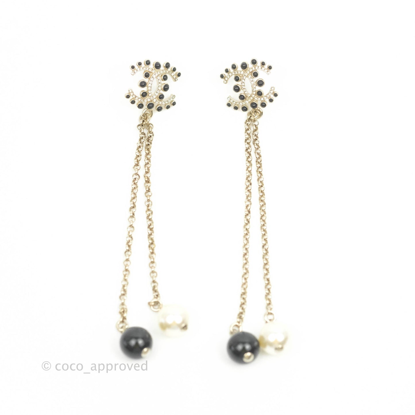 Chanel Crystal CC Pearl Chain Long Drop Earrings Gold Tone 19P