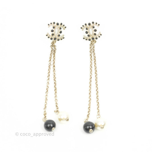 Chanel Crystal CC Pearl Chain Long Drop Earrings Gold Tone 19P