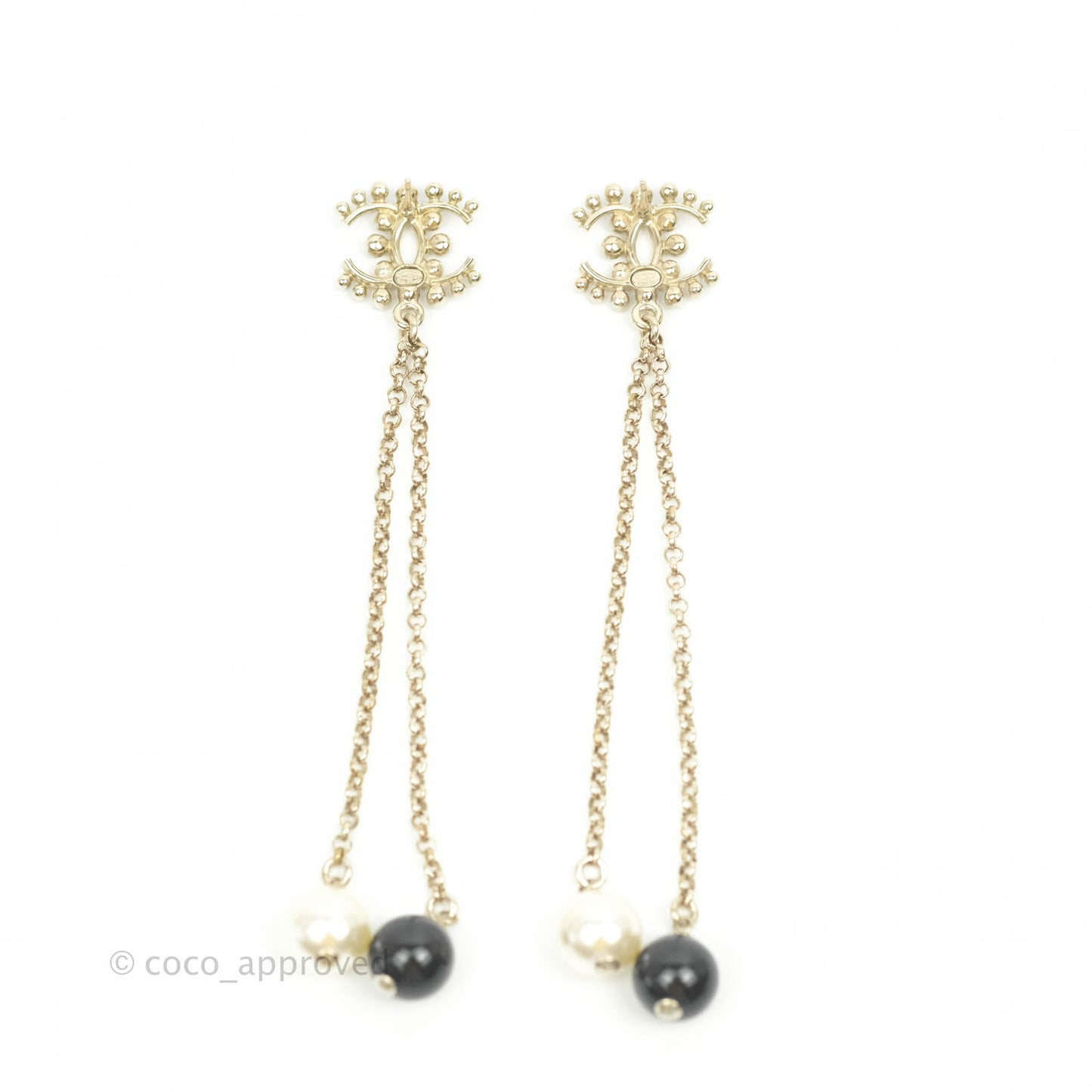 Chanel Crystal CC Pearl Chain Long Drop Earrings Gold Tone 19P