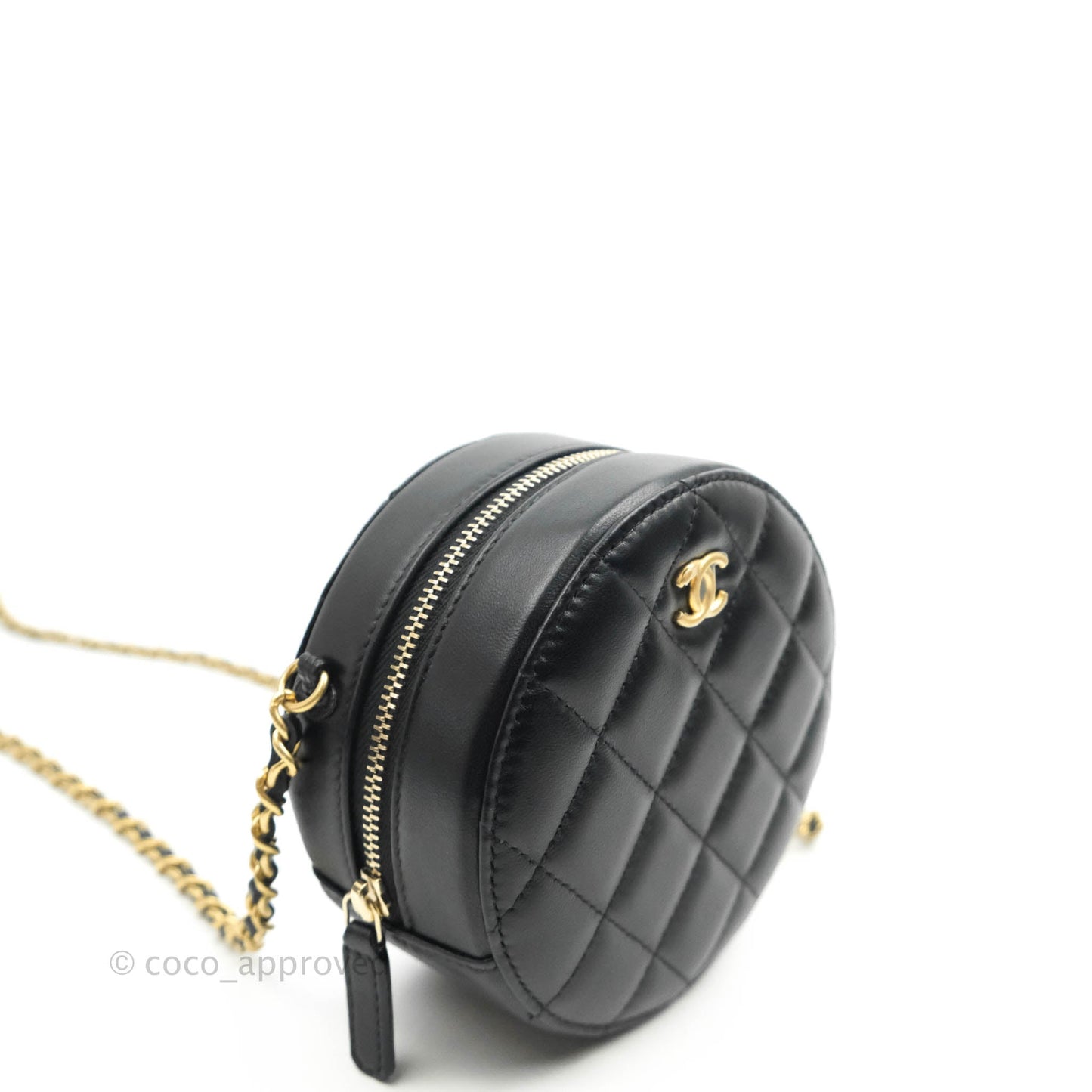 Chanel Quilted Round Pearl Crush Clutch With Chain Black Lambskin Gold Hardware