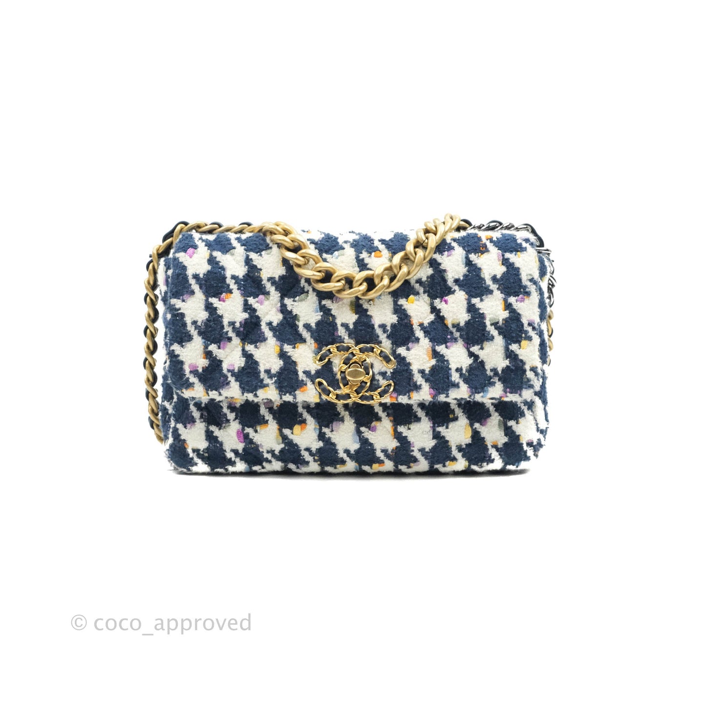 Chanel 19 Small Quilted Houndstooth Tweed Blue White Mixed Hardware