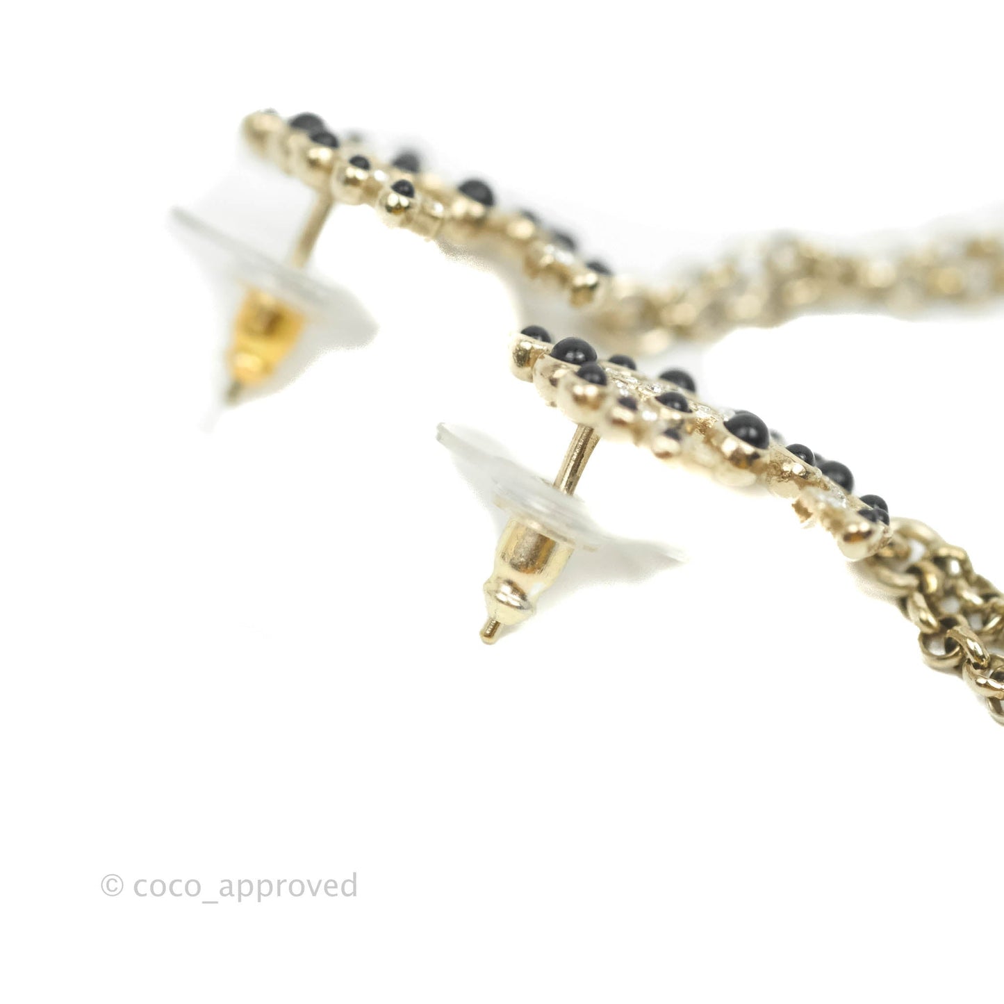 Chanel Crystal CC Pearl Chain Long Drop Earrings Gold Tone 19P