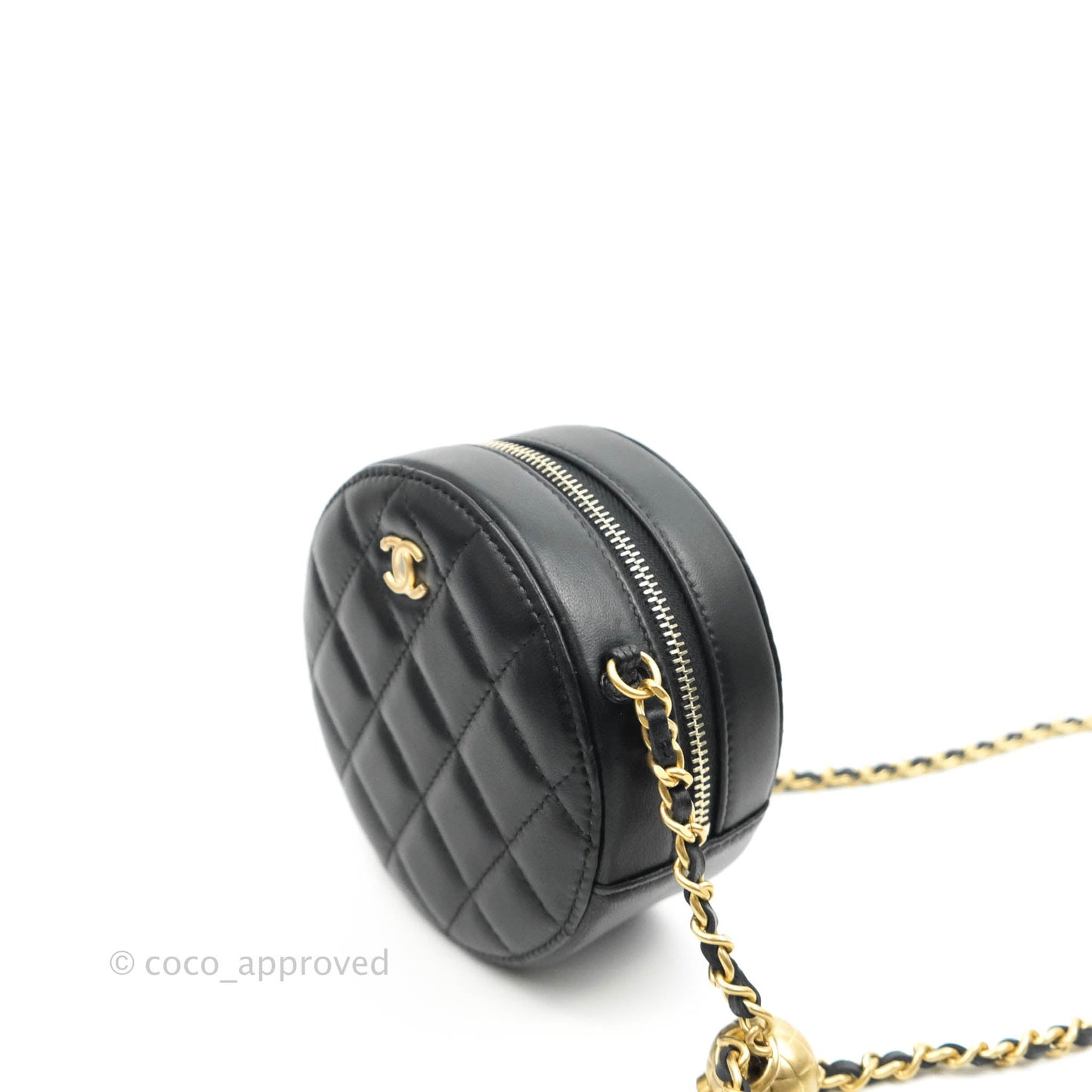 Chanel Quilted Round Pearl Crush Clutch With Chain Black Lambskin Gold Hardware
