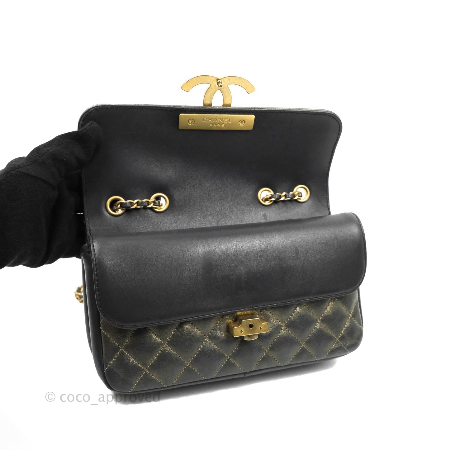 Chanel Small Enamel CC Flap Bag Quilted Iridescent Grey Lambskin Aged Gold Hardware