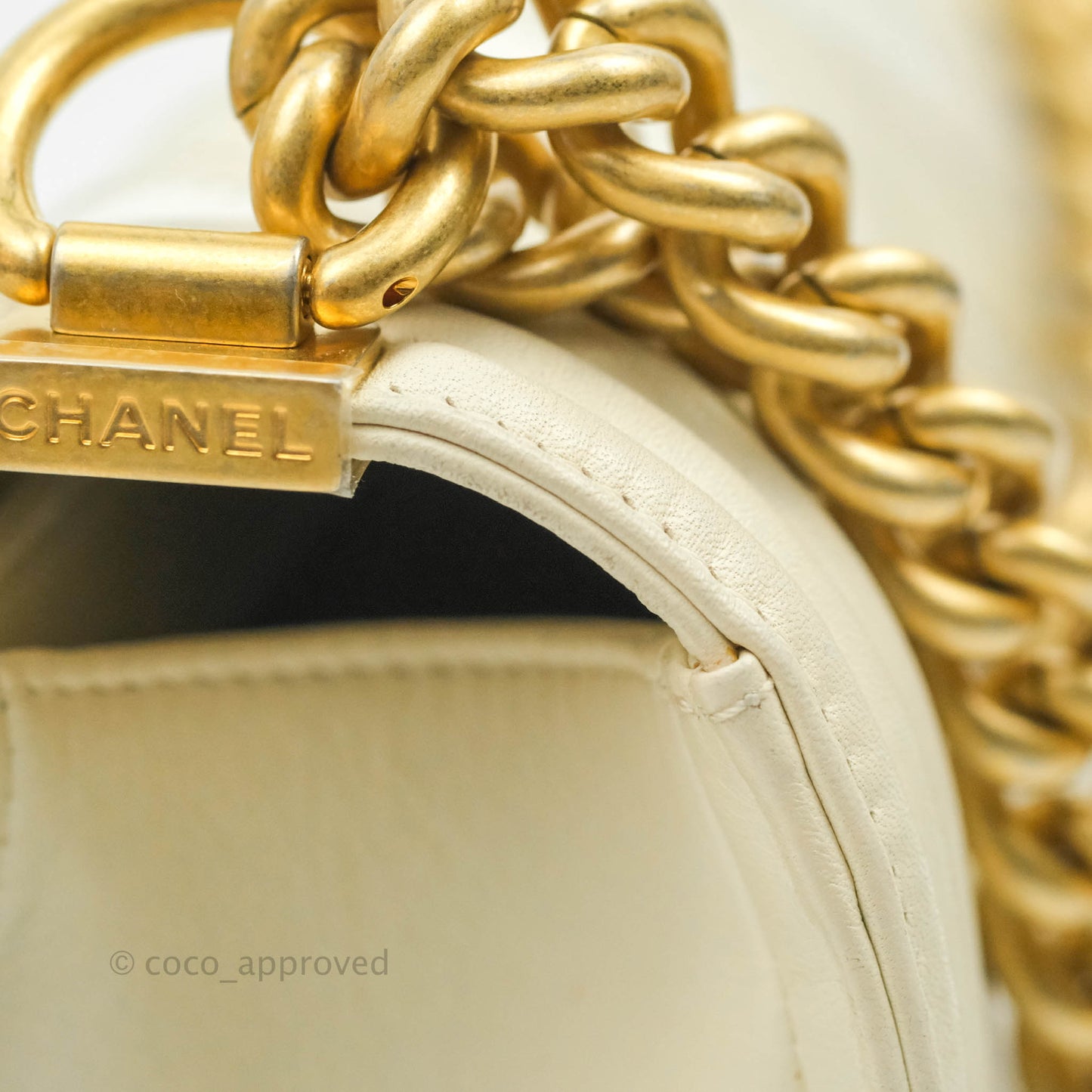 Chanel Medium Chevron Boy Light Beige Calfskin Caviar Aged Gold Hardware