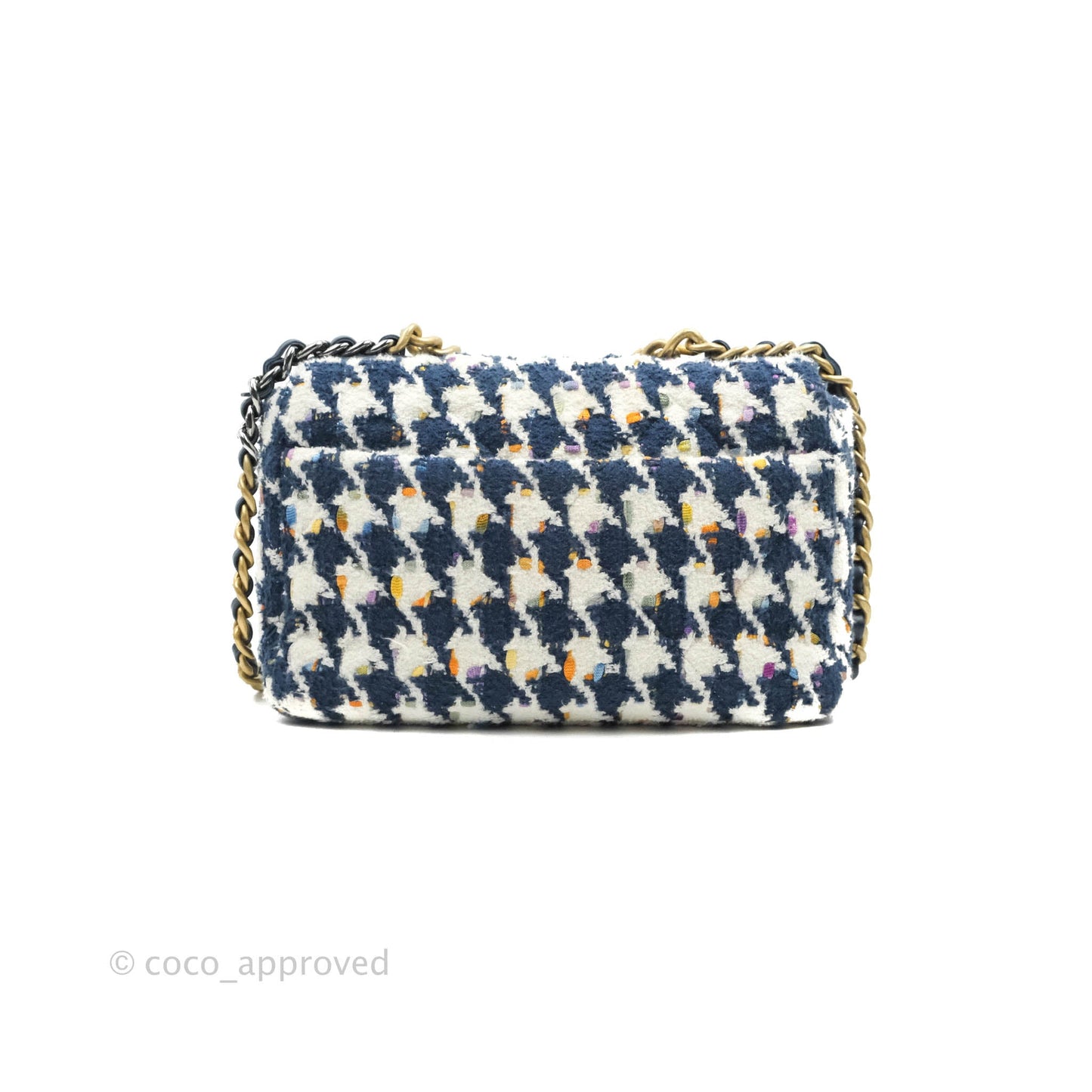 Chanel 19 Small Quilted Houndstooth Tweed Blue White Mixed Hardware