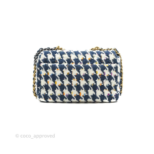 Chanel 19 Small Quilted Houndstooth Tweed Blue White Mixed Hardware