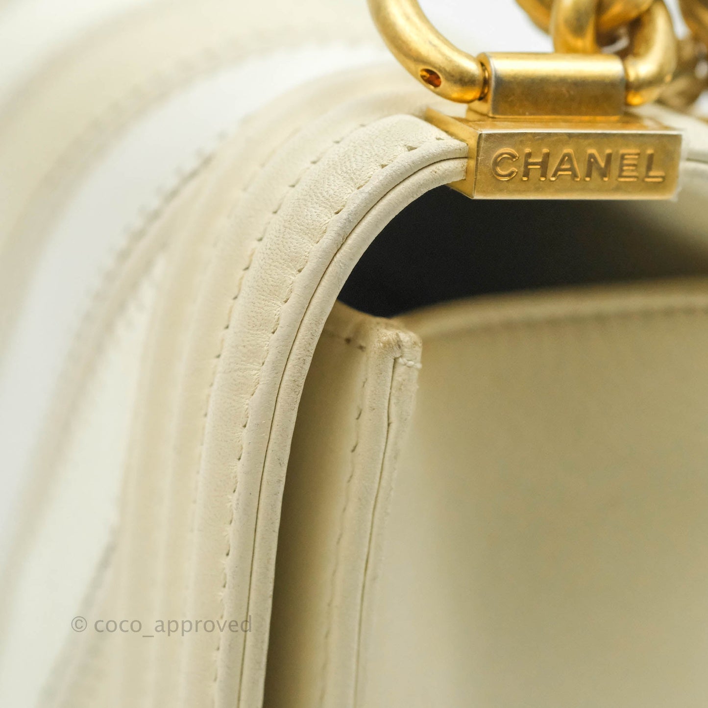 Chanel Medium Chevron Boy Light Beige Calfskin Caviar Aged Gold Hardware