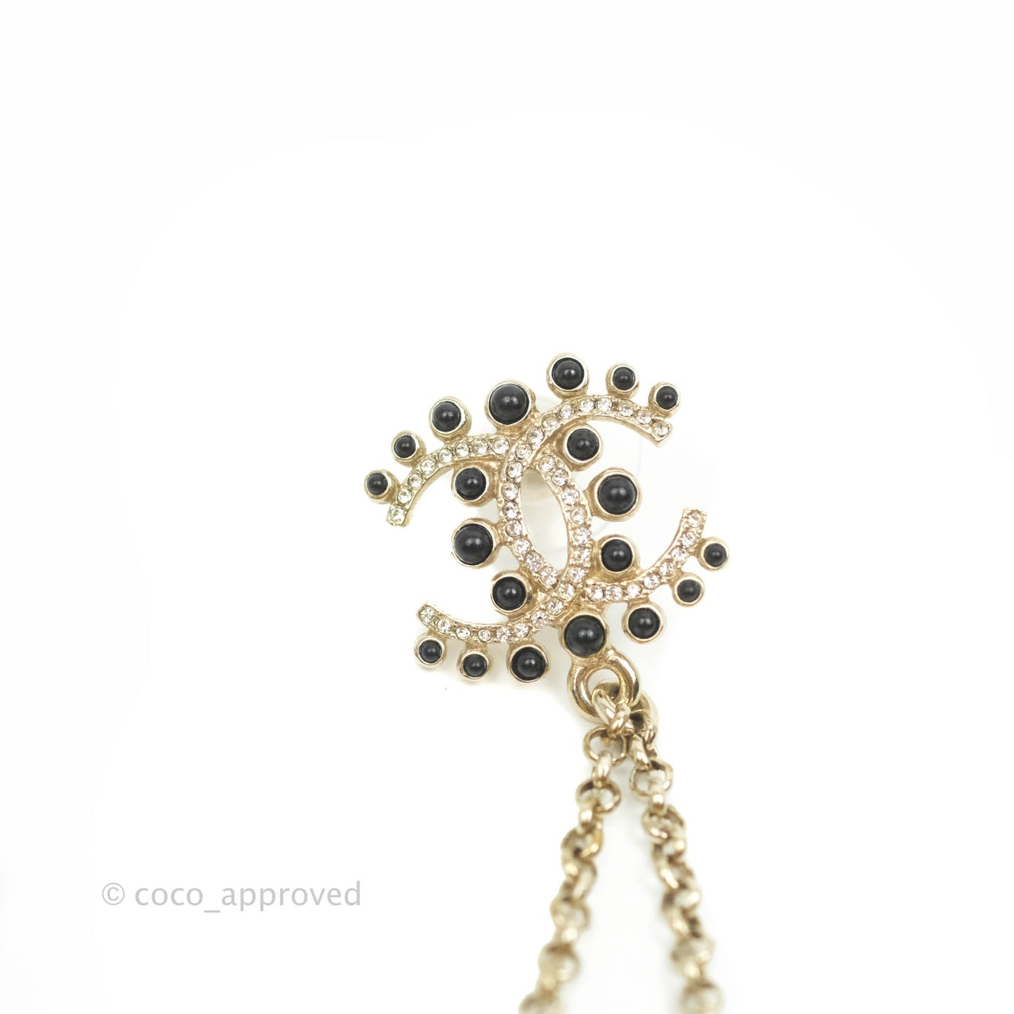 Chanel Crystal CC Pearl Chain Long Drop Earrings Gold Tone 19P
