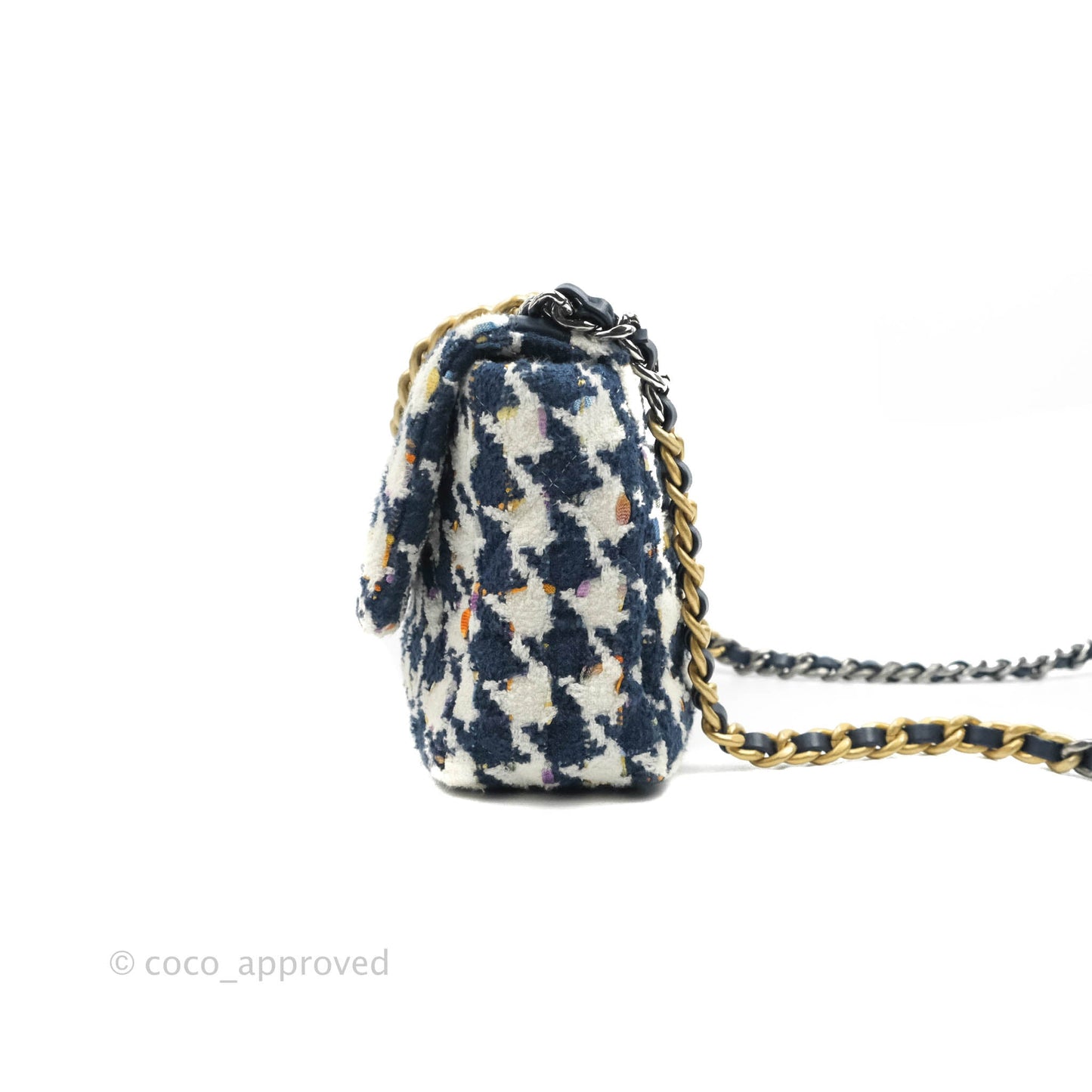 Chanel 19 Small Quilted Houndstooth Tweed Blue White Mixed Hardware