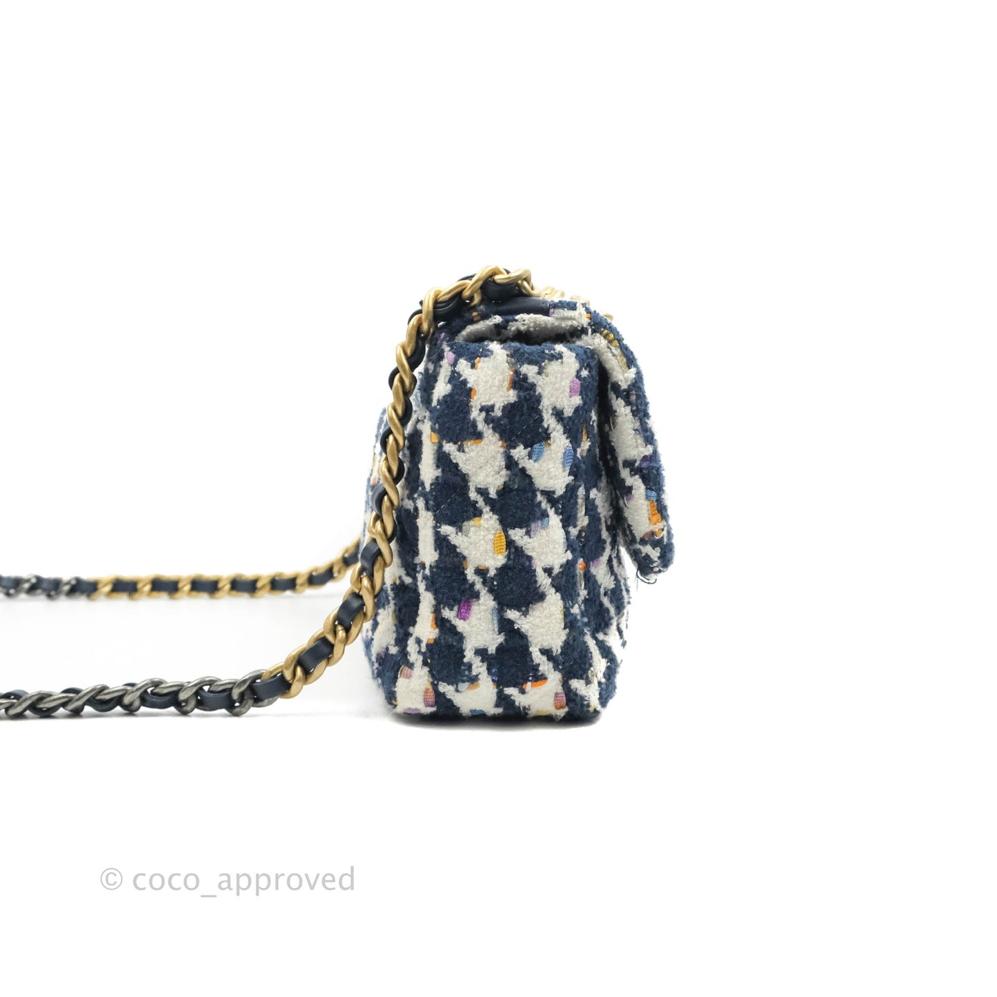 Chanel 19 Small Quilted Houndstooth Tweed Blue White Mixed Hardware