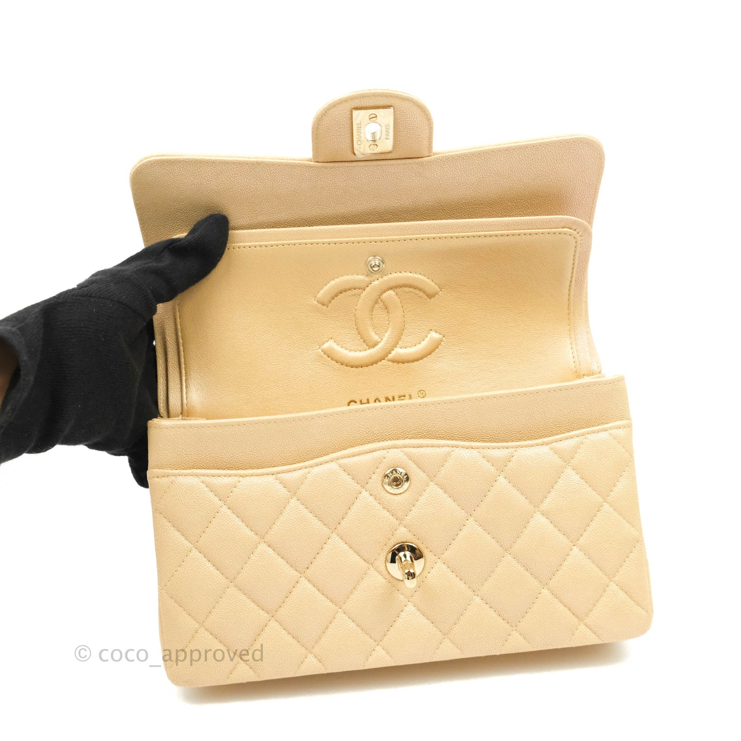 Chanel Classic Small S/M Flap Iridescent Beige Caviar Gold Hardware 19S