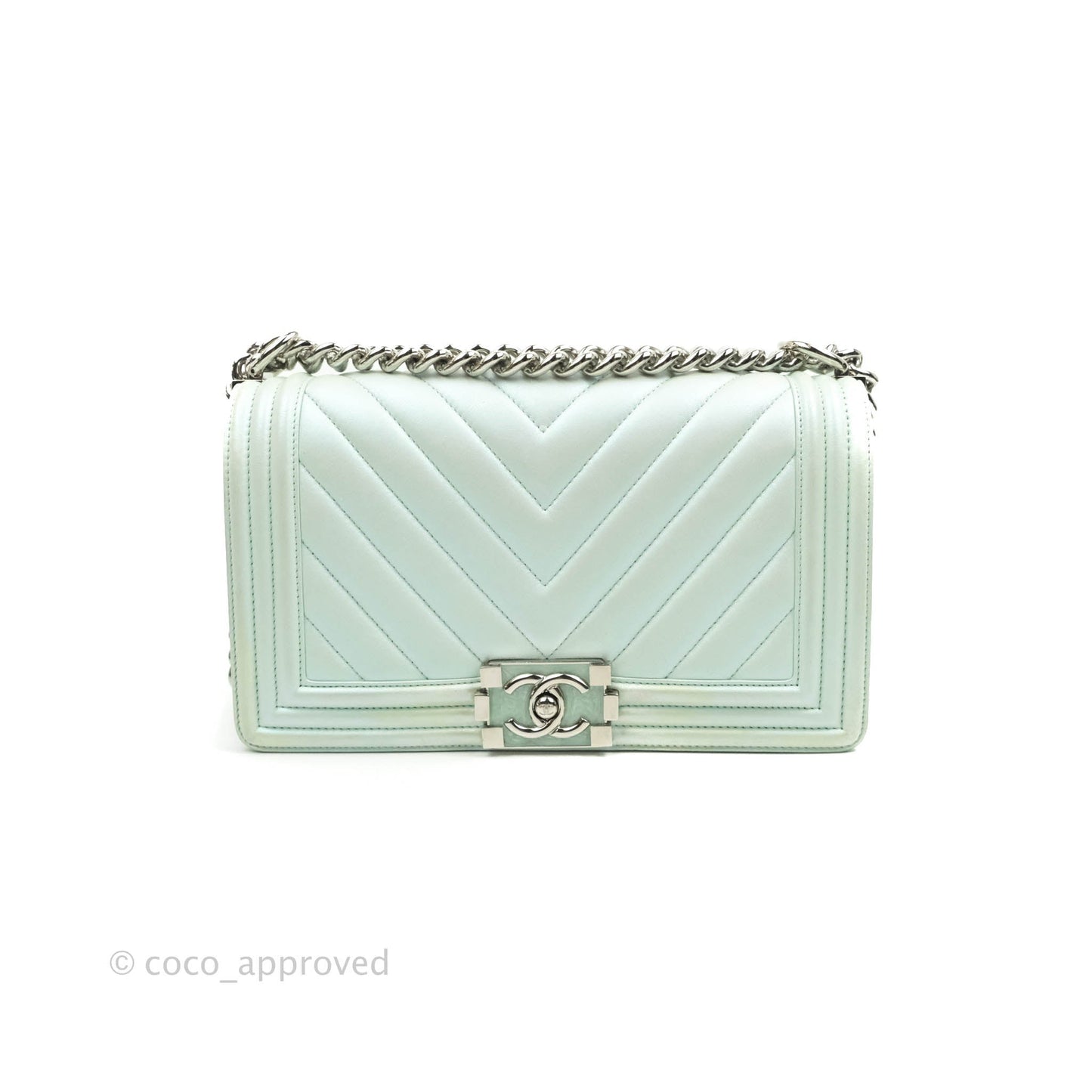 Chanel Medium Chevron Boy Iridescent Light Mint Calfskin Silver Hardware