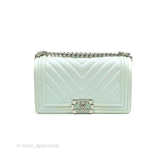 Chanel Medium Chevron Boy Iridescent Light Mint Calfskin Silver Hardware