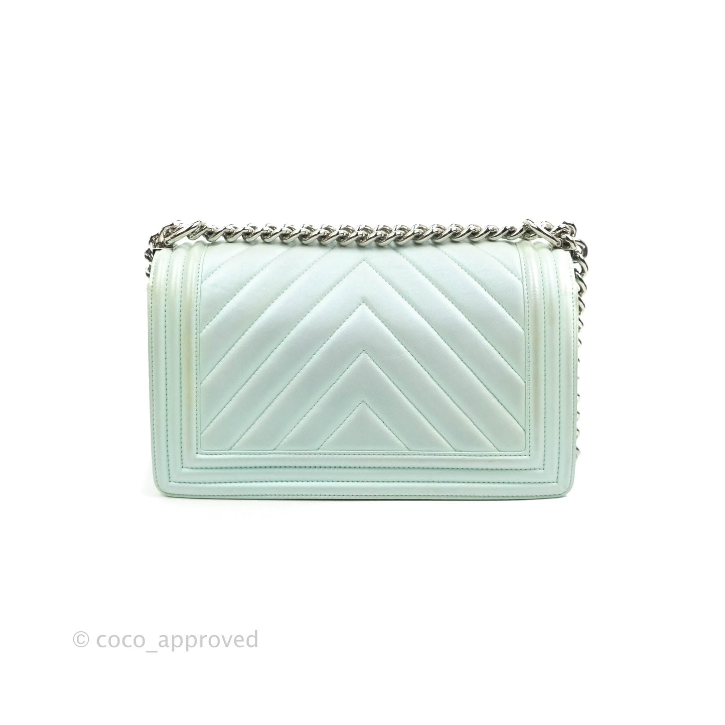 Chanel Medium Chevron Boy Iridescent Light Mint Calfskin Silver Hardware