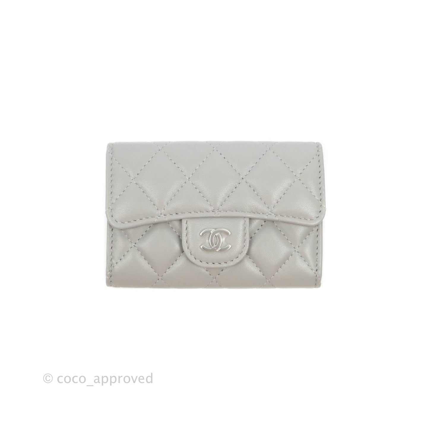 Chanel Quilted Flap Card Holder Grey Lambskin Silver Hardware