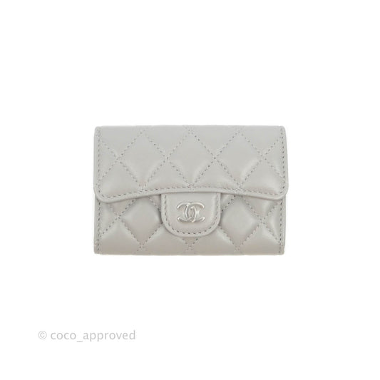 Chanel Quilted Flap Card Holder Grey Lambskin Silver Hardware