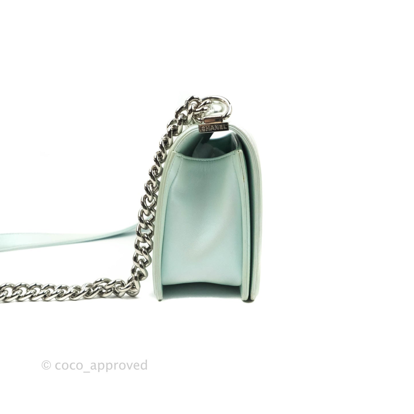 Chanel Medium Chevron Boy Iridescent Light Mint Calfskin Silver Hardware