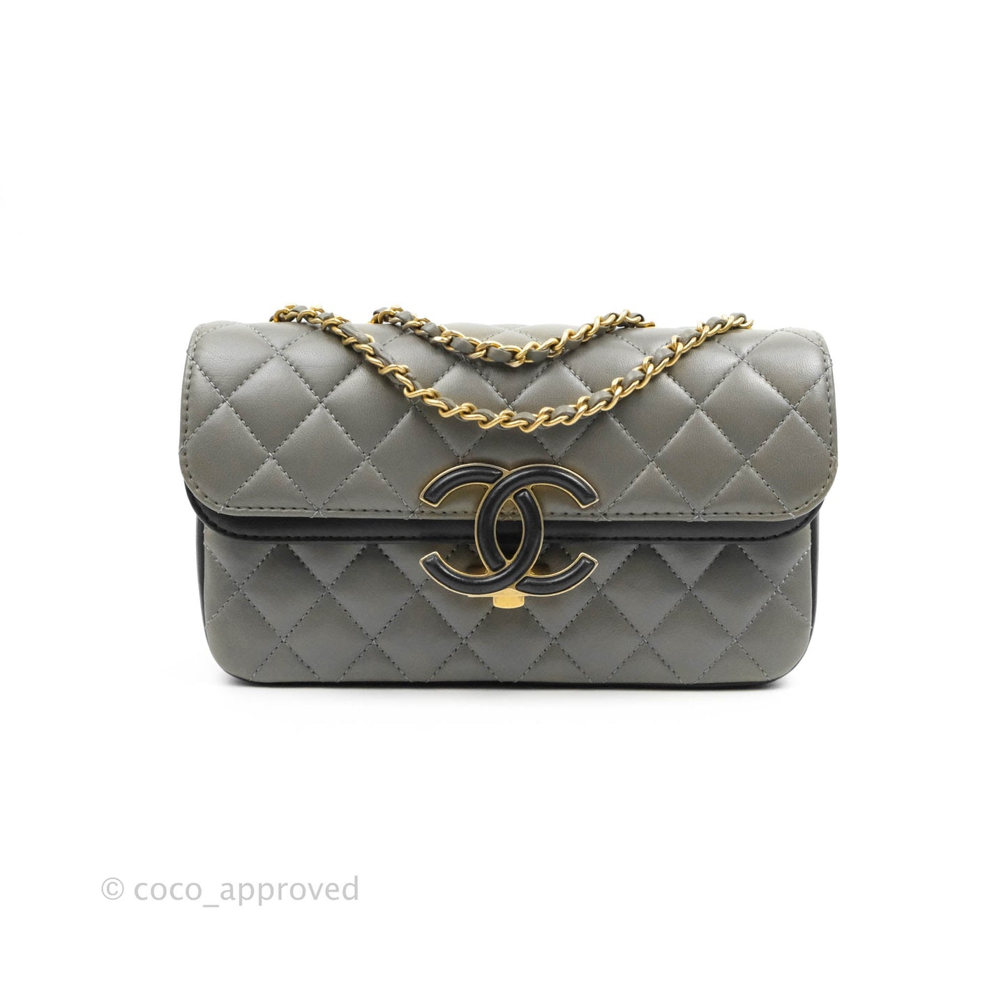 Chanel Small Enamel CC Flap Bag Quilted Grey Lambskin Aged Gold Hardware