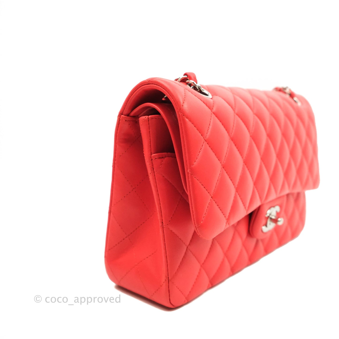 Chanel Classic M/L Medium Double Flap Poppy Red Lambskin Silver Hardware