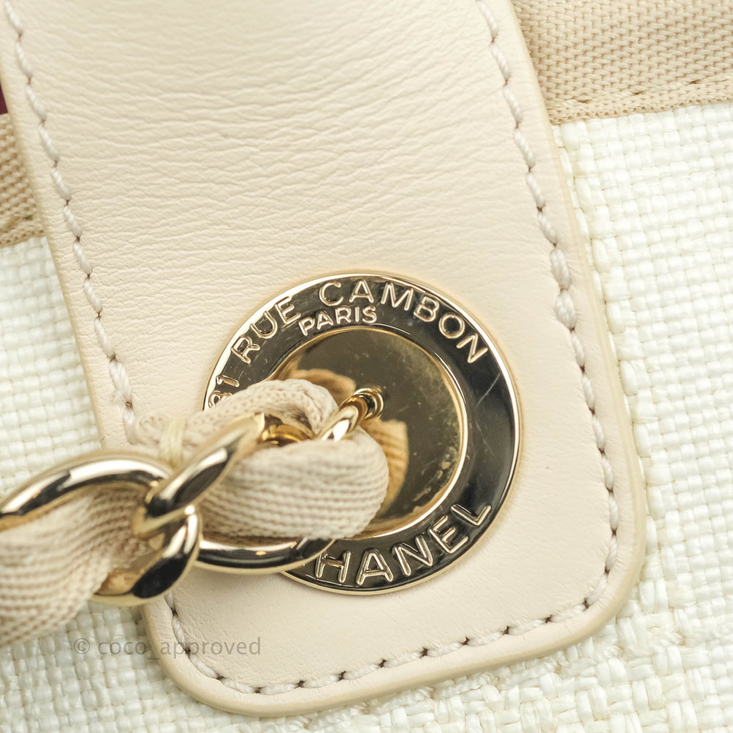 Chanel Large Deauville Light Beige Stripe Canvas Gold Hardware