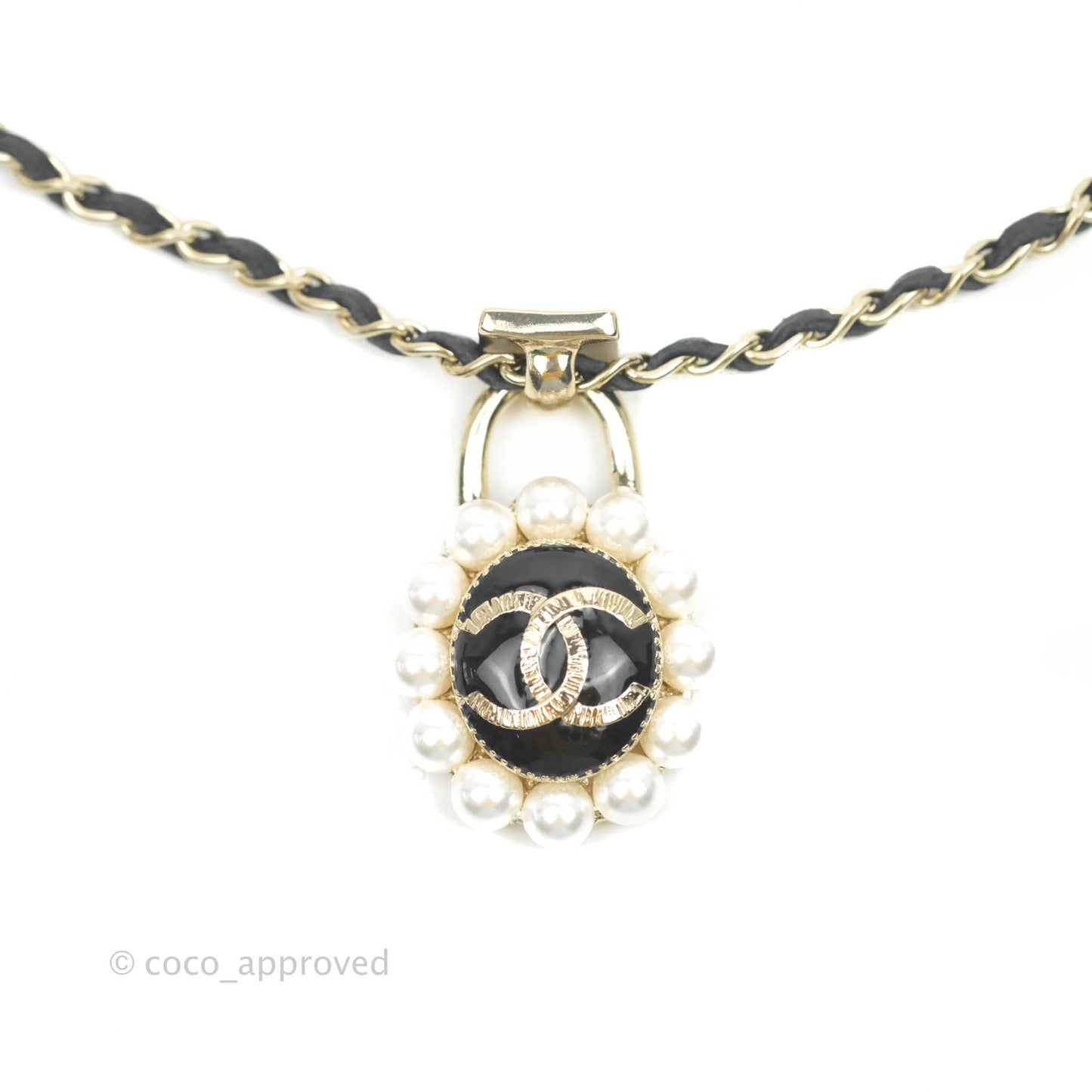Chanel Necklace Choker Pearl Pendant Light Gold With Leather 21A