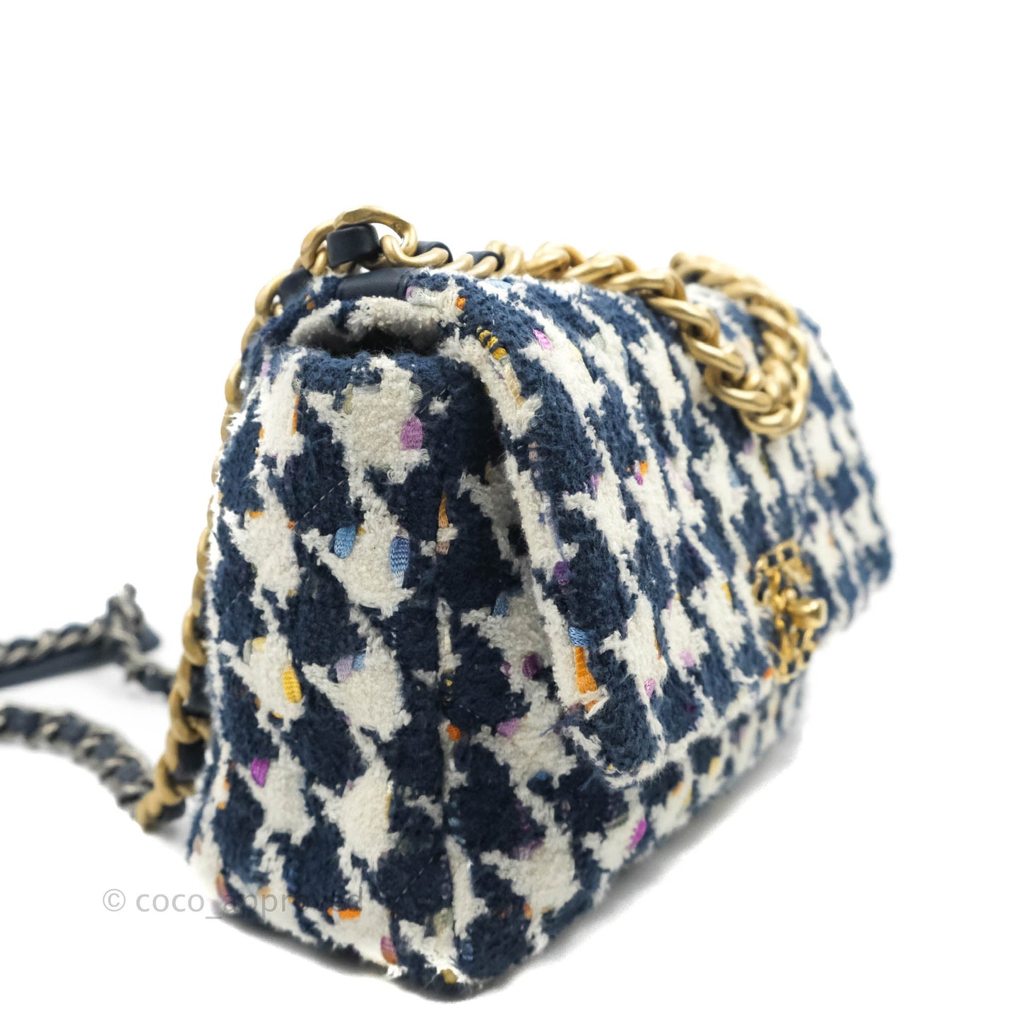 Chanel 19 Small Quilted Houndstooth Tweed Blue White Mixed Hardware