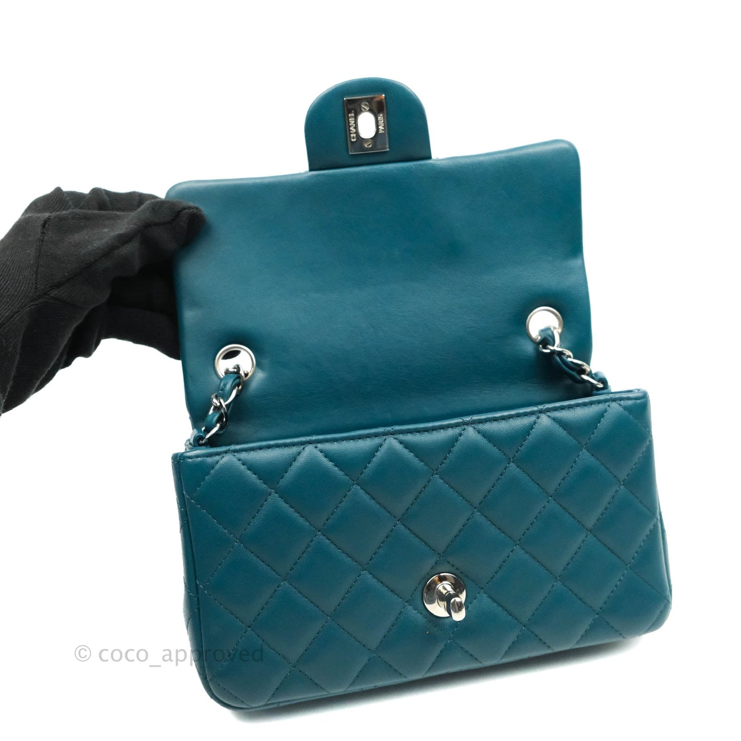 Chanel Classic Mini Rectangular Flap Teal Lambskin Silver Hardware