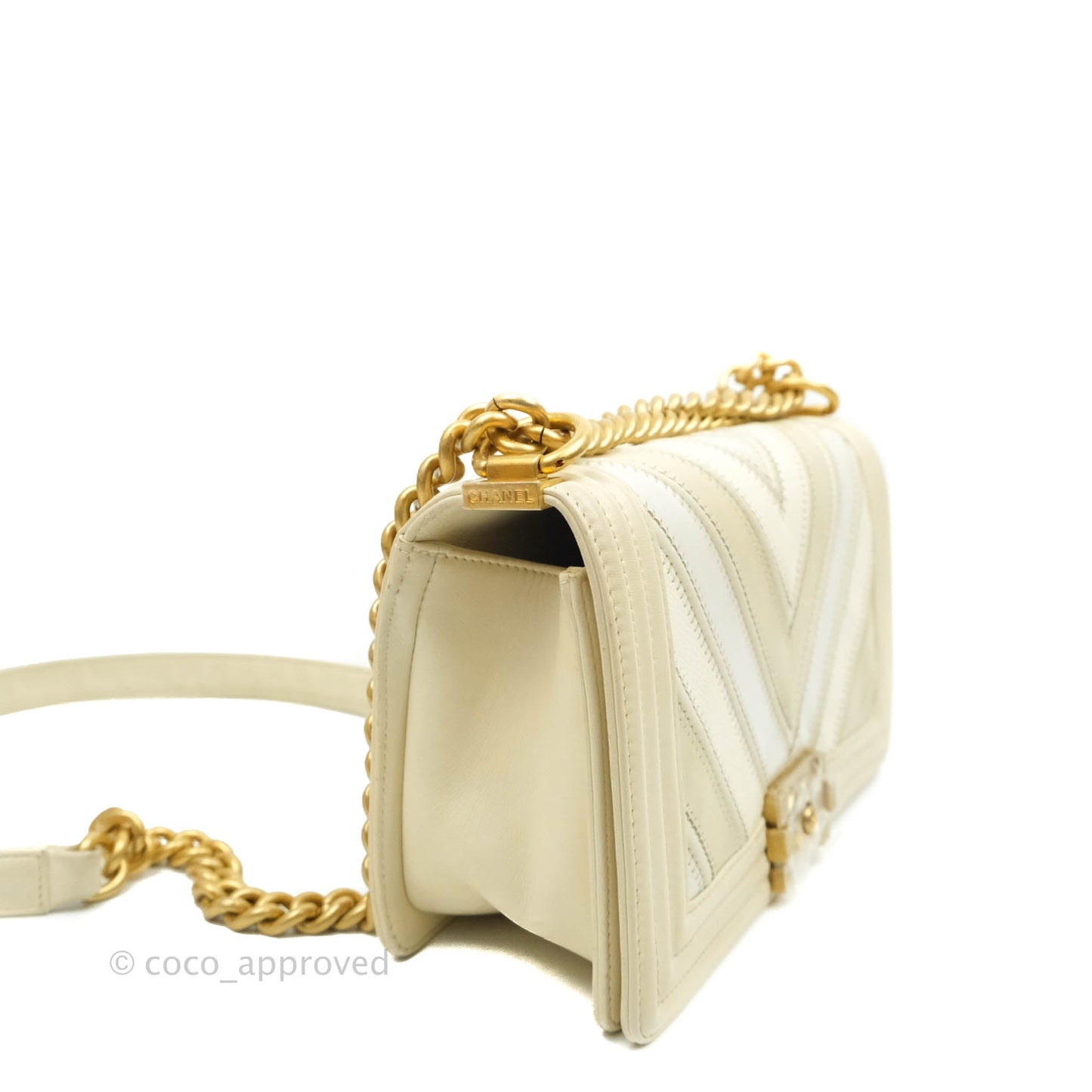 Chanel Medium Chevron Boy Light Beige Calfskin Caviar Aged Gold Hardware
