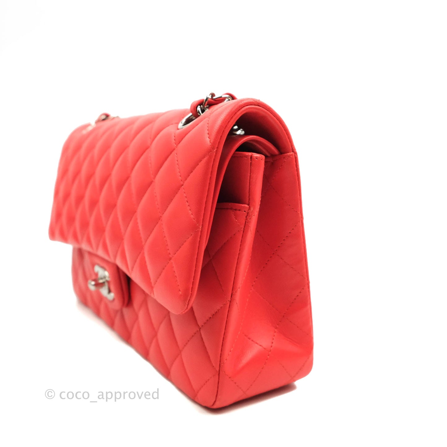 Chanel Classic M/L Medium Double Flap Poppy Red Lambskin Silver Hardware