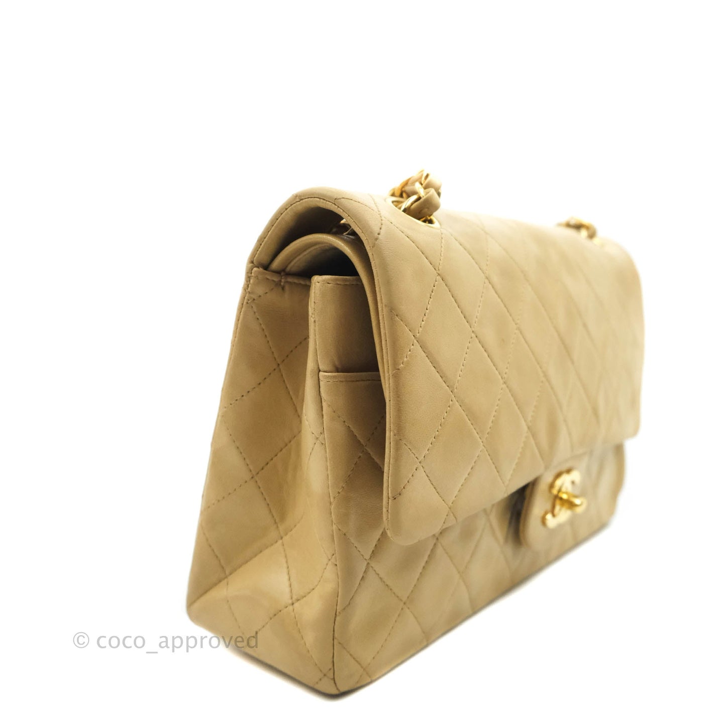 Chanel Vintage Classic M/L Medium Double Flap Bag Beige Lambskin 24K Gold Hardware