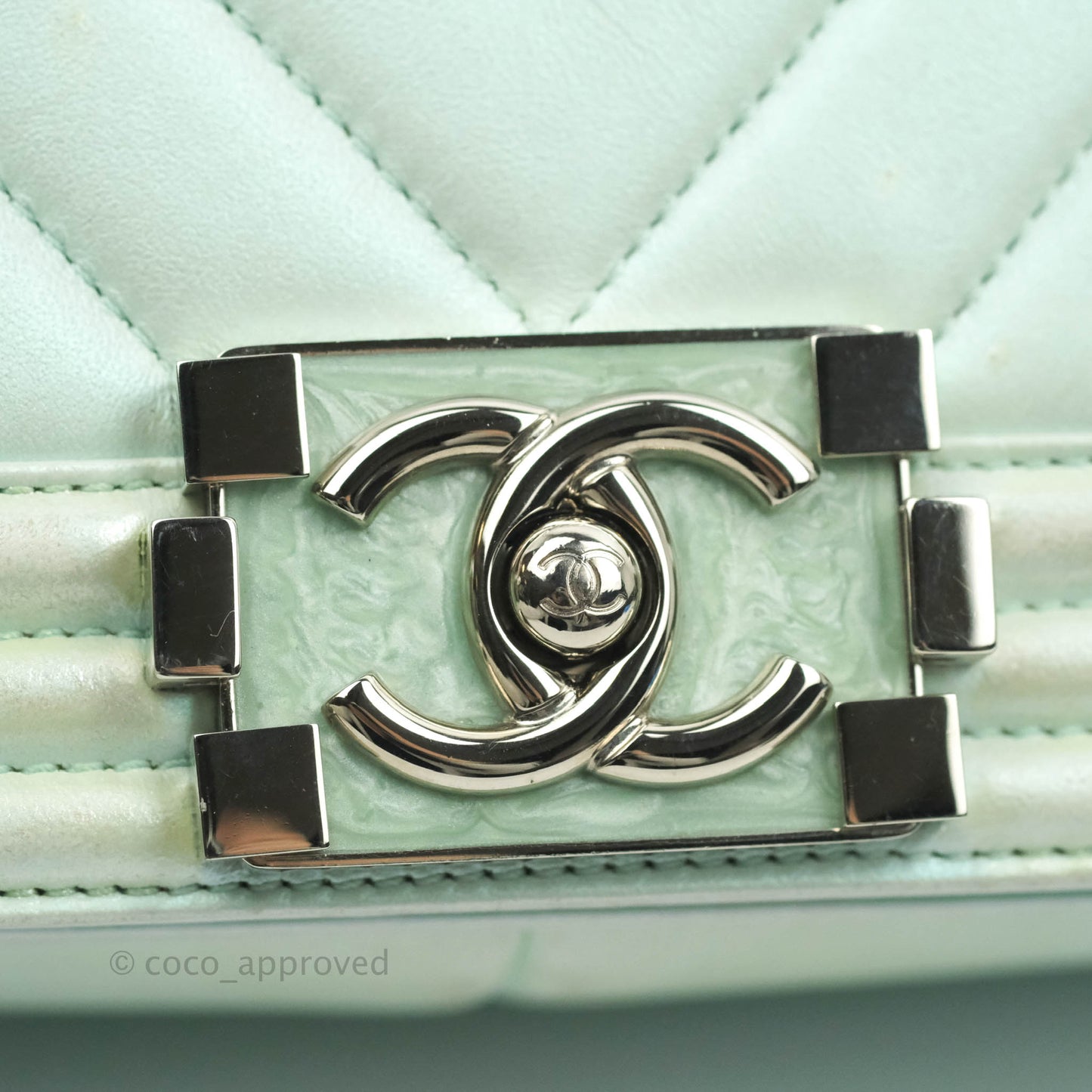 Chanel Medium Chevron Boy Iridescent Light Mint Calfskin Silver Hardware