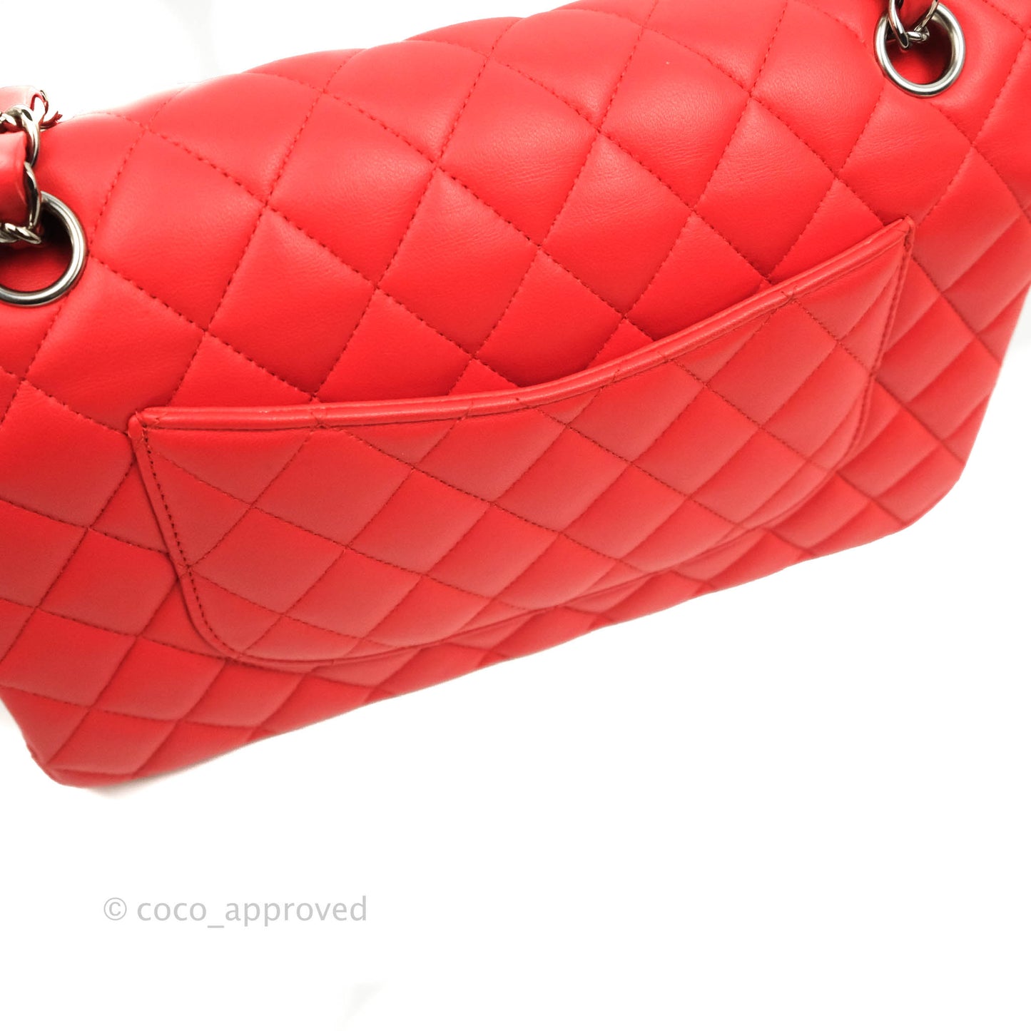 Chanel Classic M/L Medium Double Flap Poppy Red Lambskin Silver Hardware