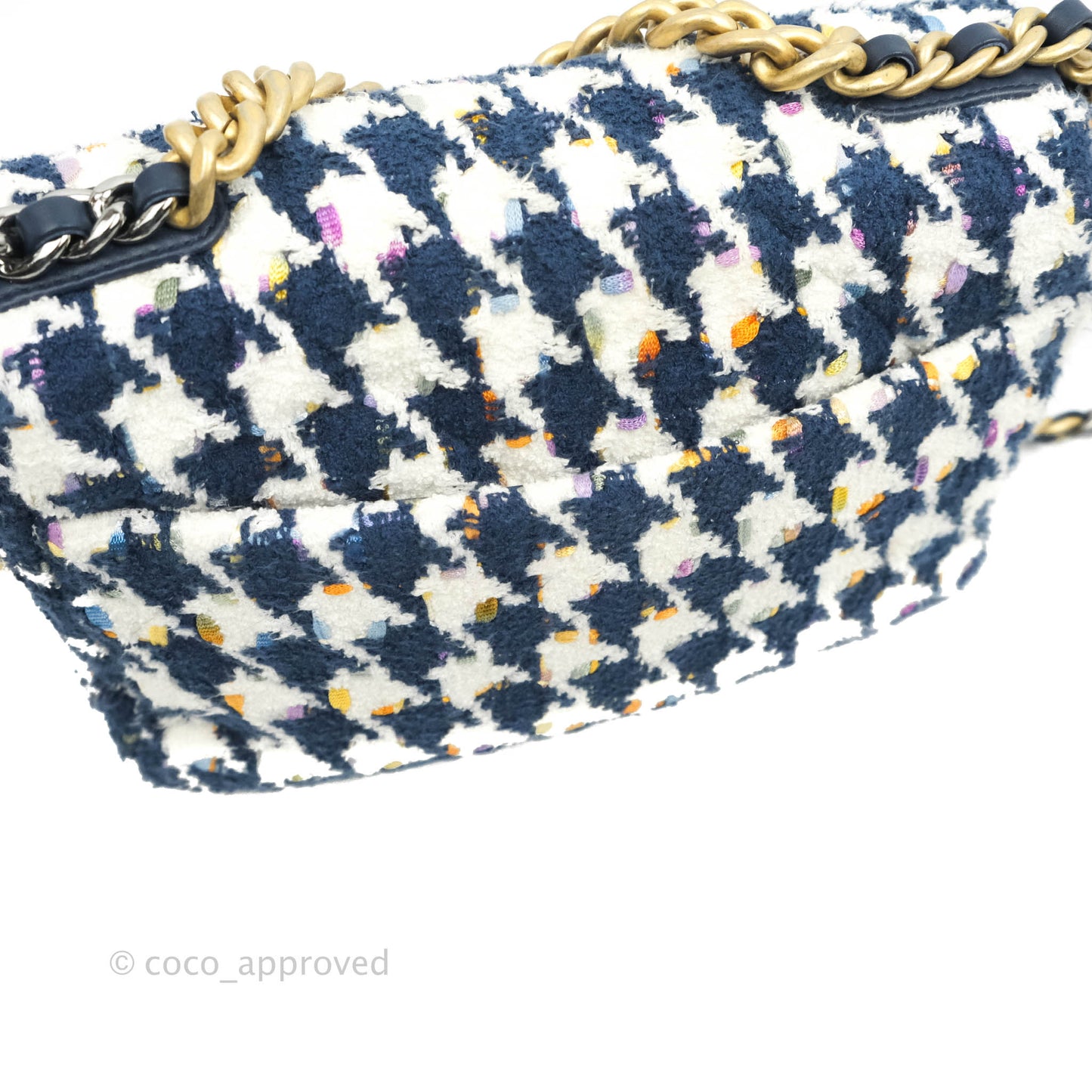 Chanel 19 Small Quilted Houndstooth Tweed Blue White Mixed Hardware